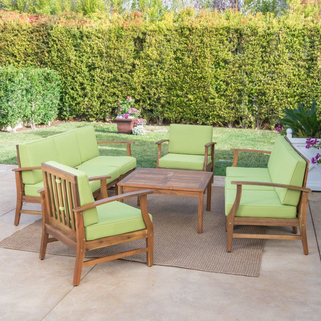 Scarlett Outdoor 8 Seat Teak Finished Acacia Wood Sofa And Table Set - Green