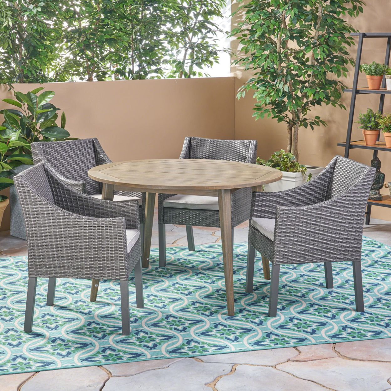 Shipp Outdoor 5 Piece Wood And Wicker Dining Set - Gray + Gray