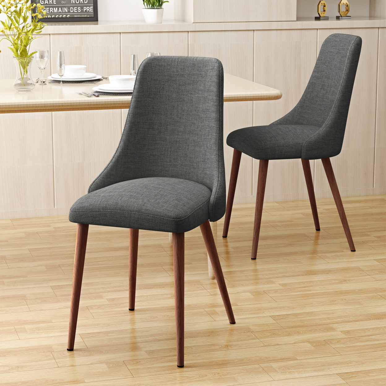 Soloman Mid Century Fabric Dining Chairs With Wood Finished Legs - Set Of 2 - Light Gray