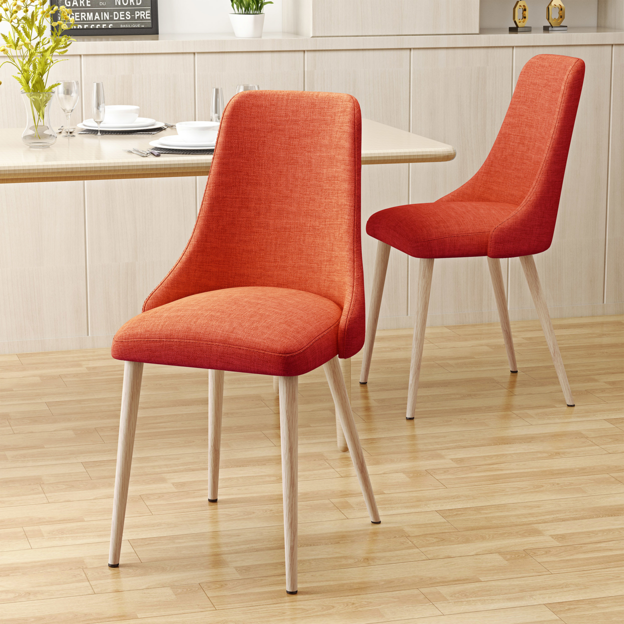 Soloman Mid Century Fabric Dining Chairs With Wood Finished Legs - Set Of 2 - Muted Orange