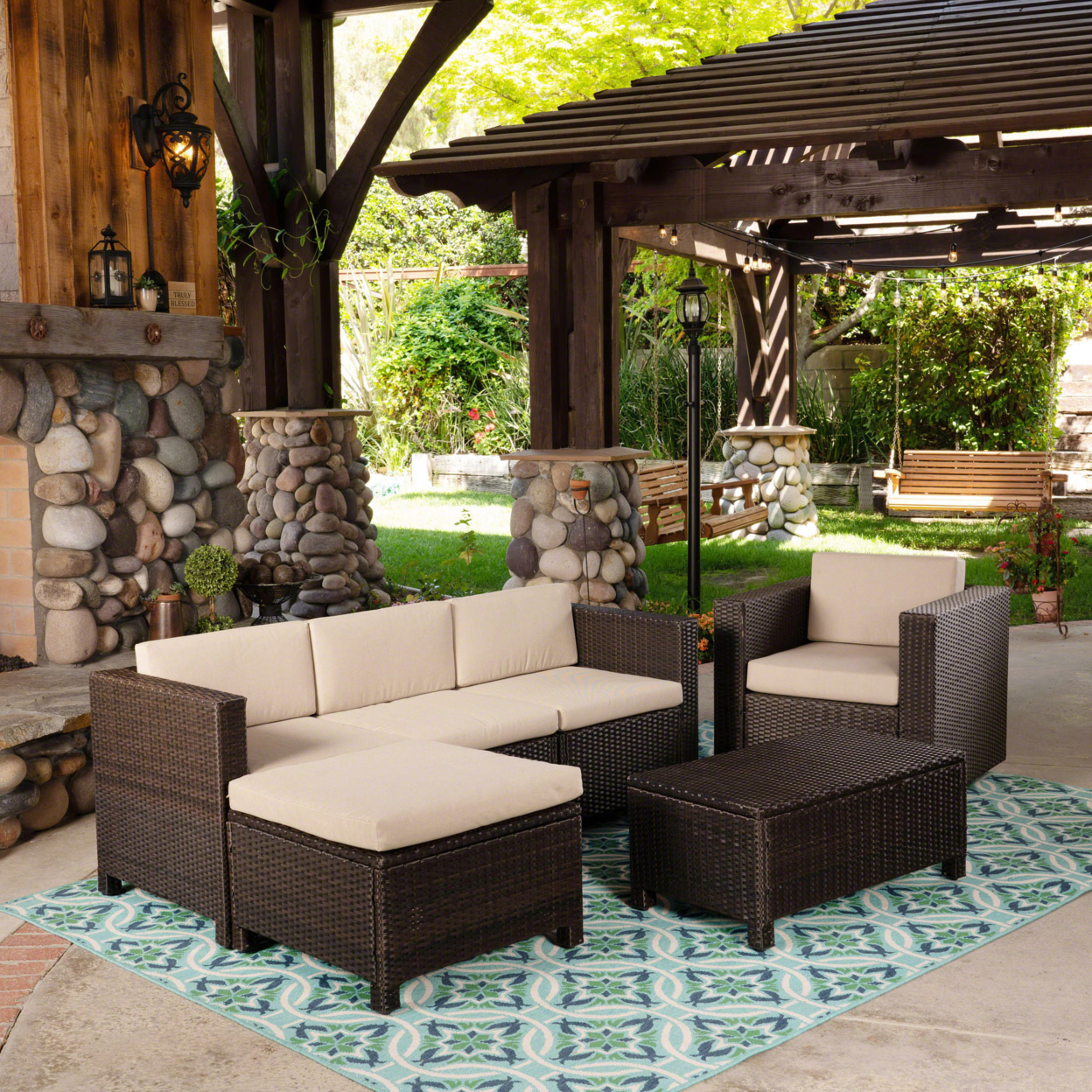 Tanner Outdoor 4 Seater Wicker L-Shaped Sectional Sofa Set With Cushions - Brown