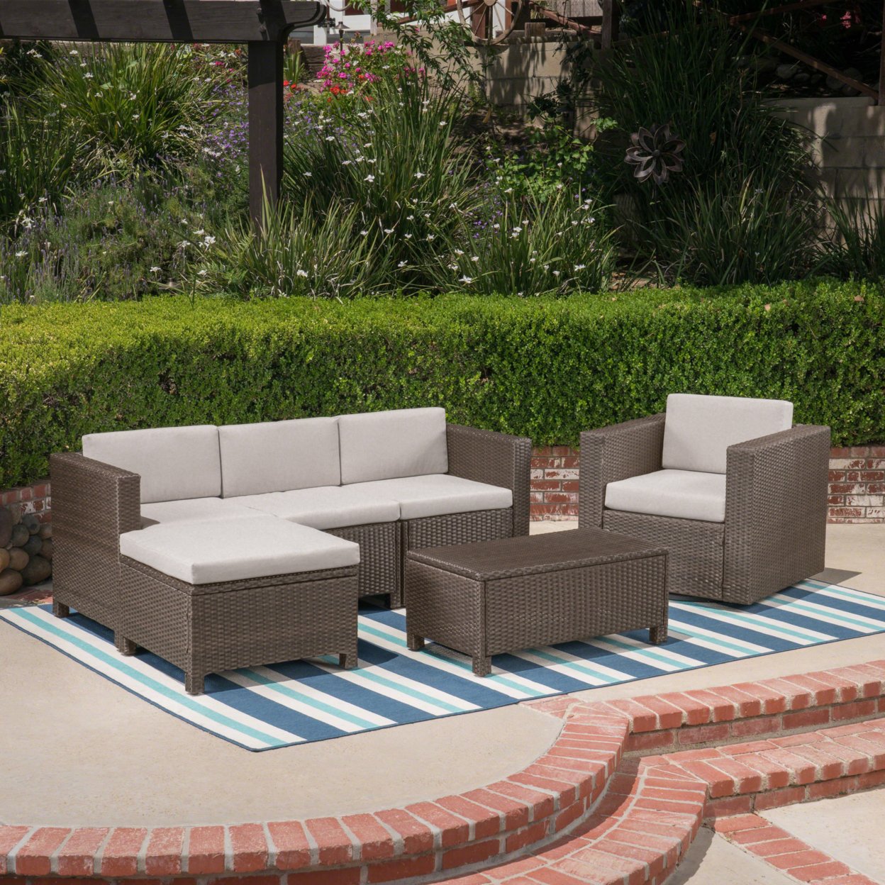 Tanner Outdoor 4 Seater Wicker L-Shaped Sectional Sofa Set With Cushions - Brown