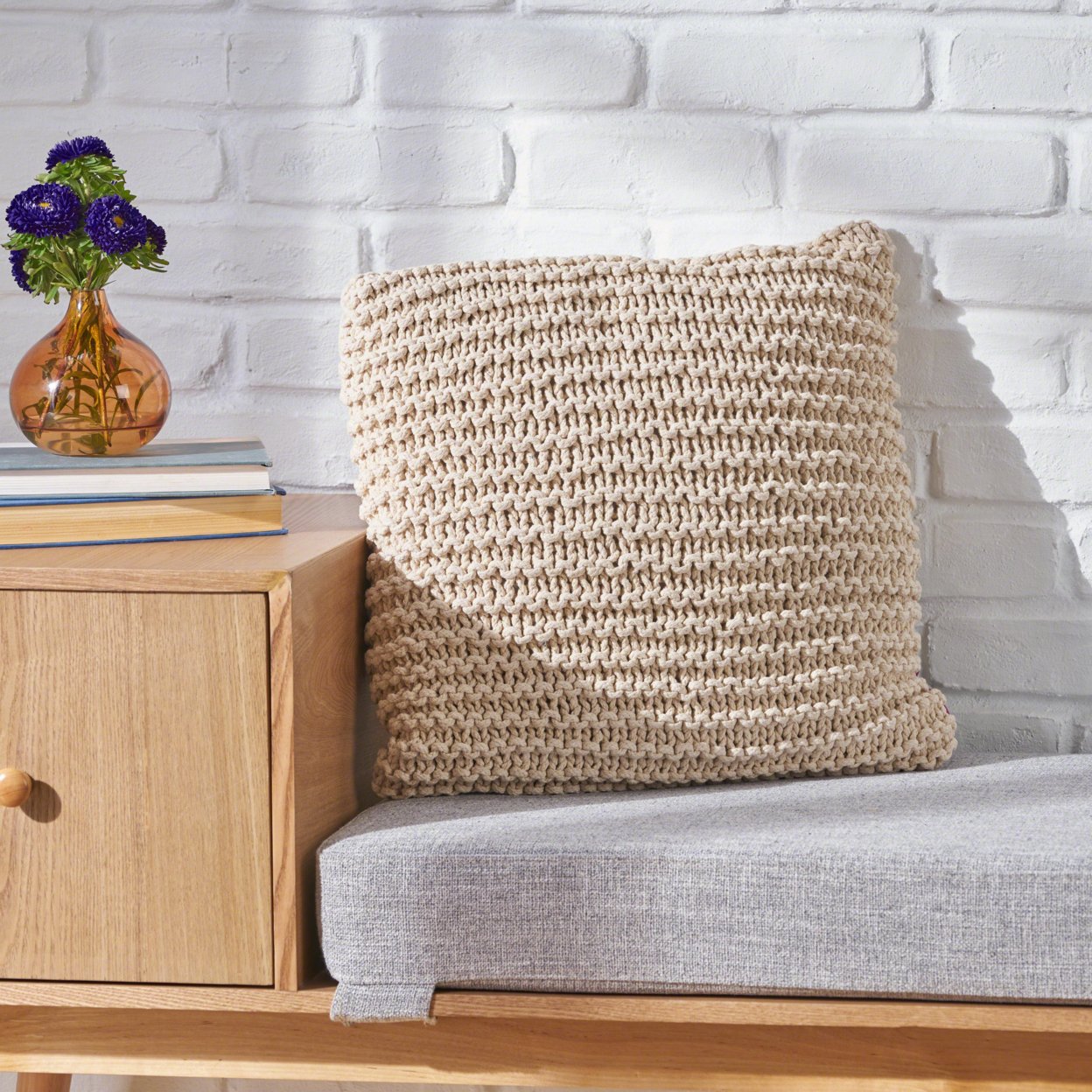 Tate Knitted Cotton Pillow - Beige, Set Of 2