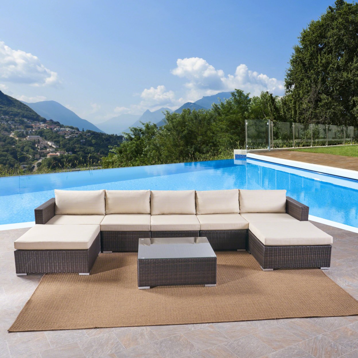 Tom Rosa Outdoor 5 Seater Wicker Sectional Sofa Set With Cushions - Brown Wicker