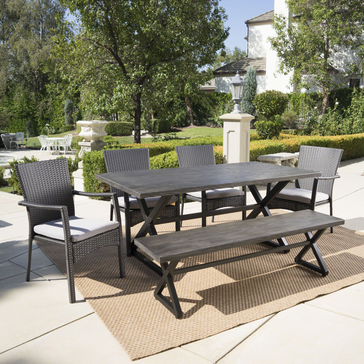 Tripoli Outdoor 6 Piece Aluminum Dining Set With Bench And Wicker Dining Chairs - Gray/Gray