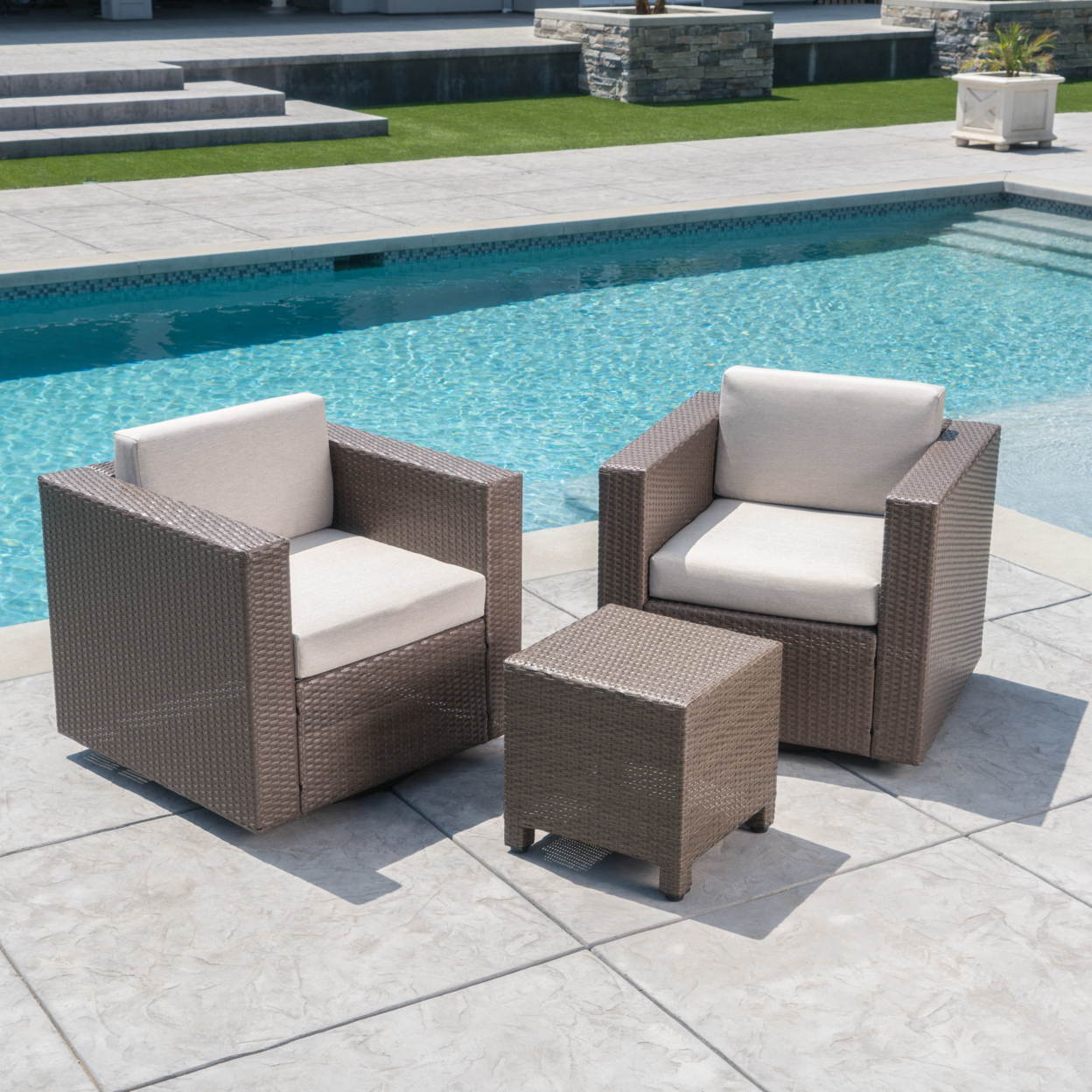 Venice Outdoor Wicker 3 Piece Swivel Chat Set With Water Resistant Cushions - Mix Black/Dark Gray