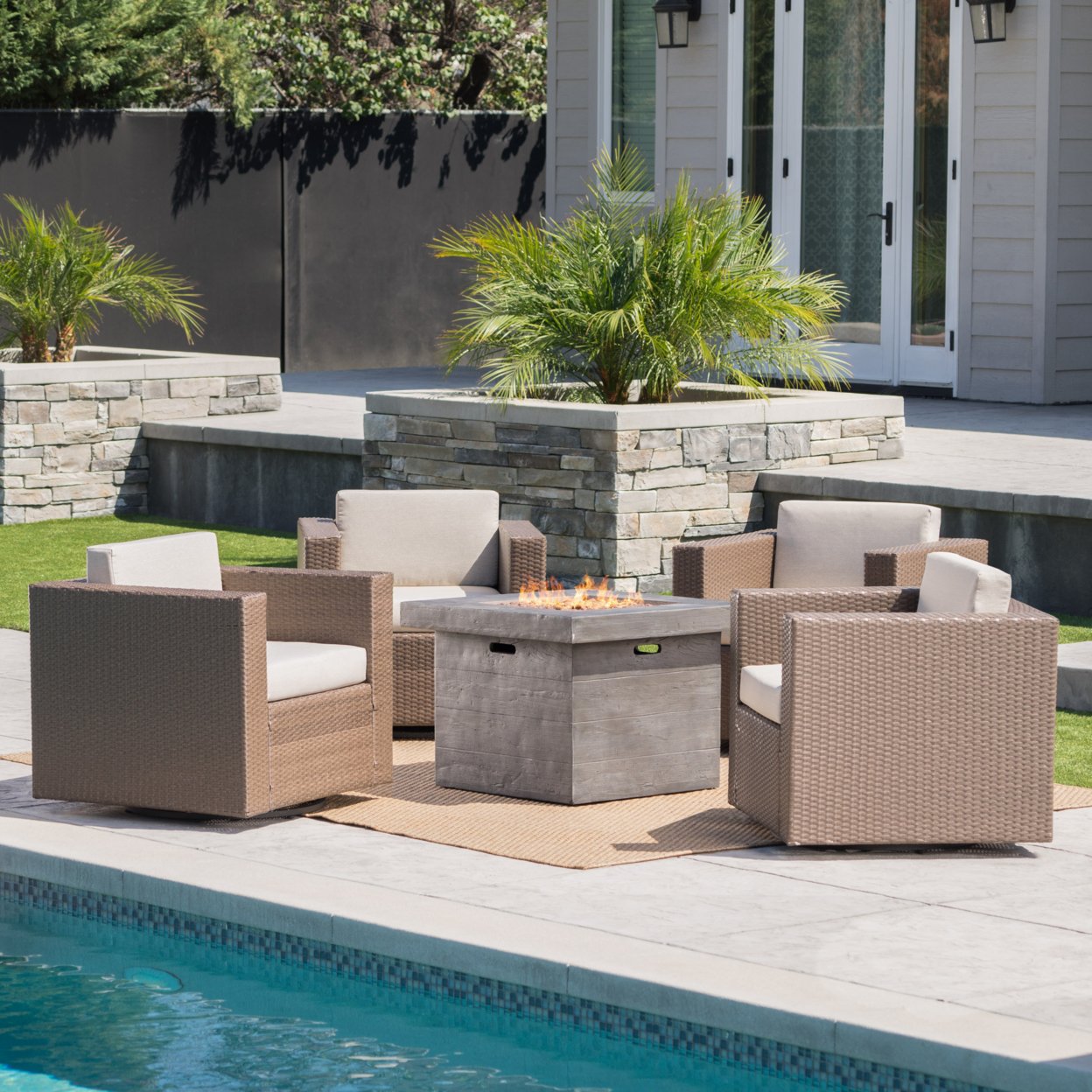 Venice Outdoor 5 Piece Chat Set With Brown Wicker Club Chairs And Fire Pit - Gray
