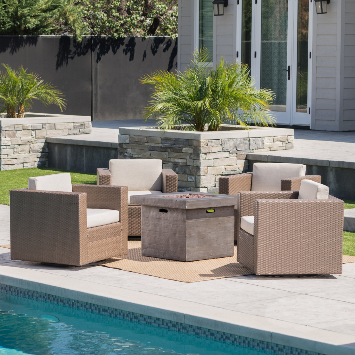 Venice Outdoor 5 Piece Chat Set With Brown Wicker Club Chairs And Fire Pit - Gray