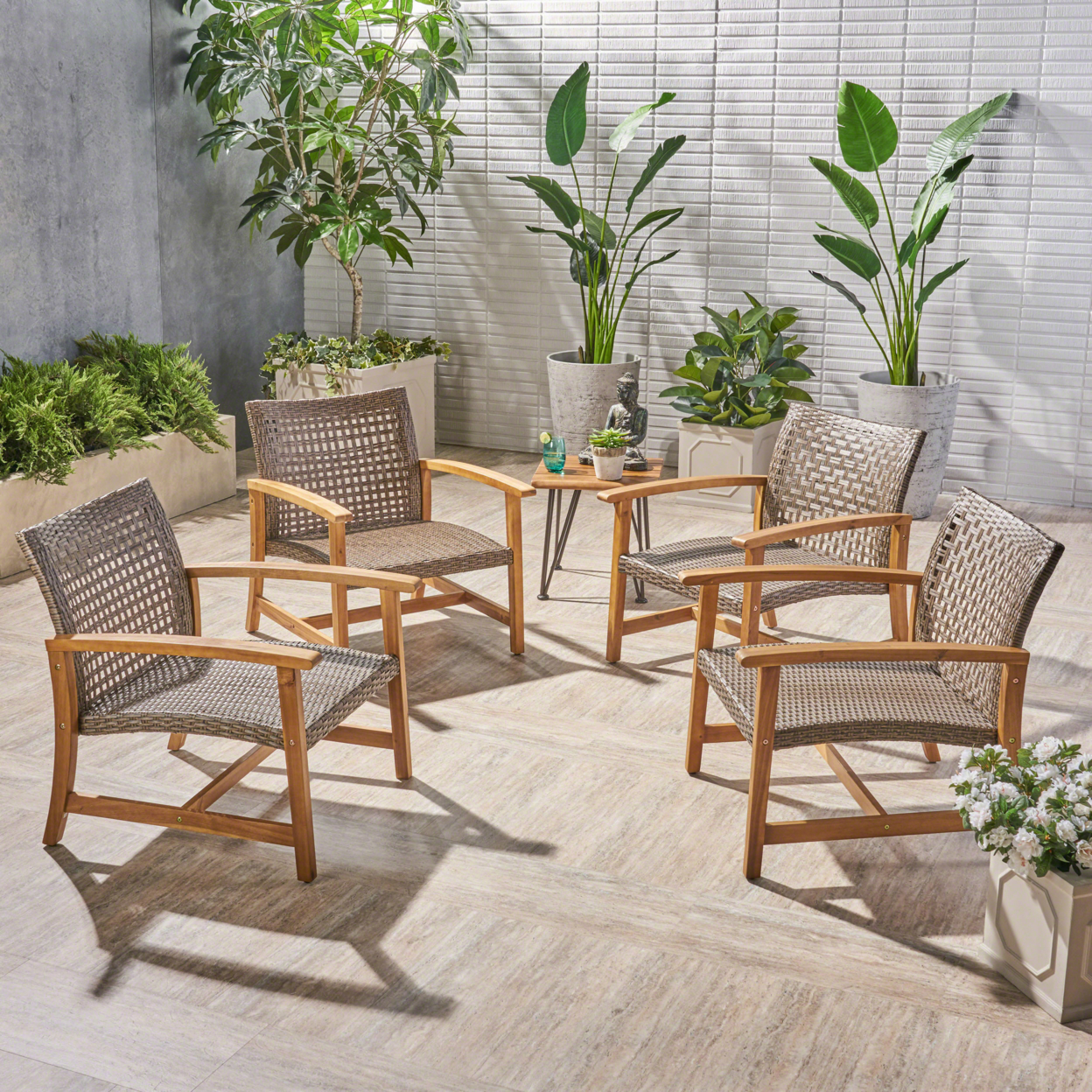 Viola Outdoor Wood And Wicker Club Chairs - Teak Finish + Mixed Mocha, Set Of 4