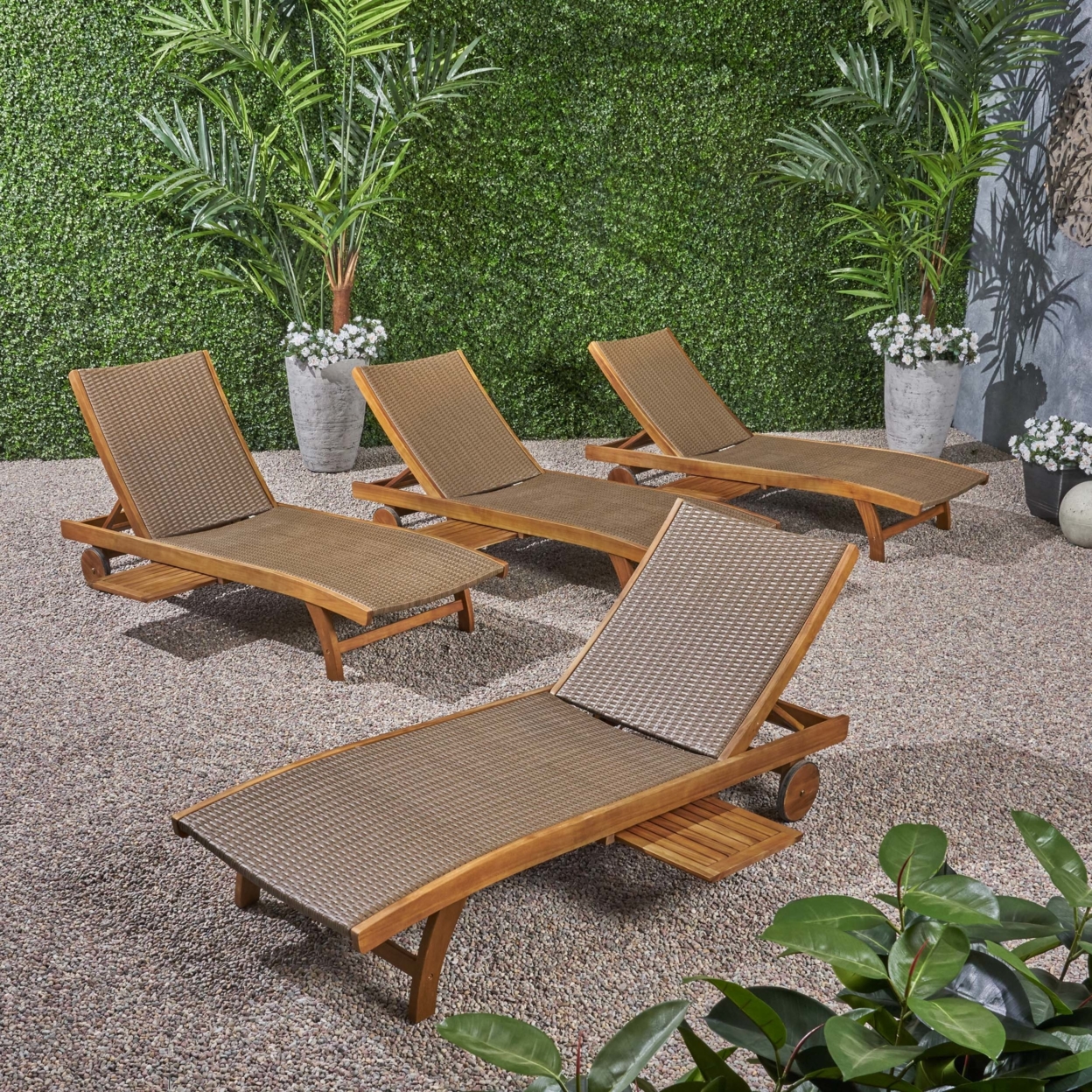 Yedda Outdoor Wicker And Wood Chaise Lounge With Pull-Out Tray - Brown, Set Of 4