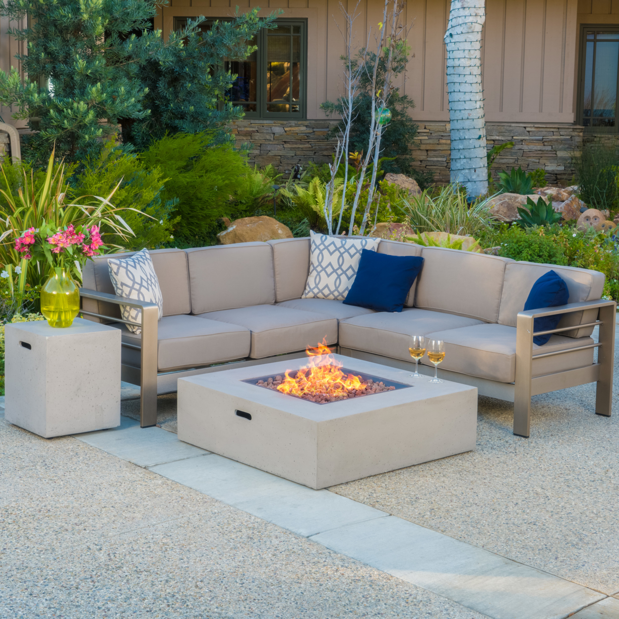 Crested-Bay V-shape Outdoor Fire Table Sofa Set - Dark Grey