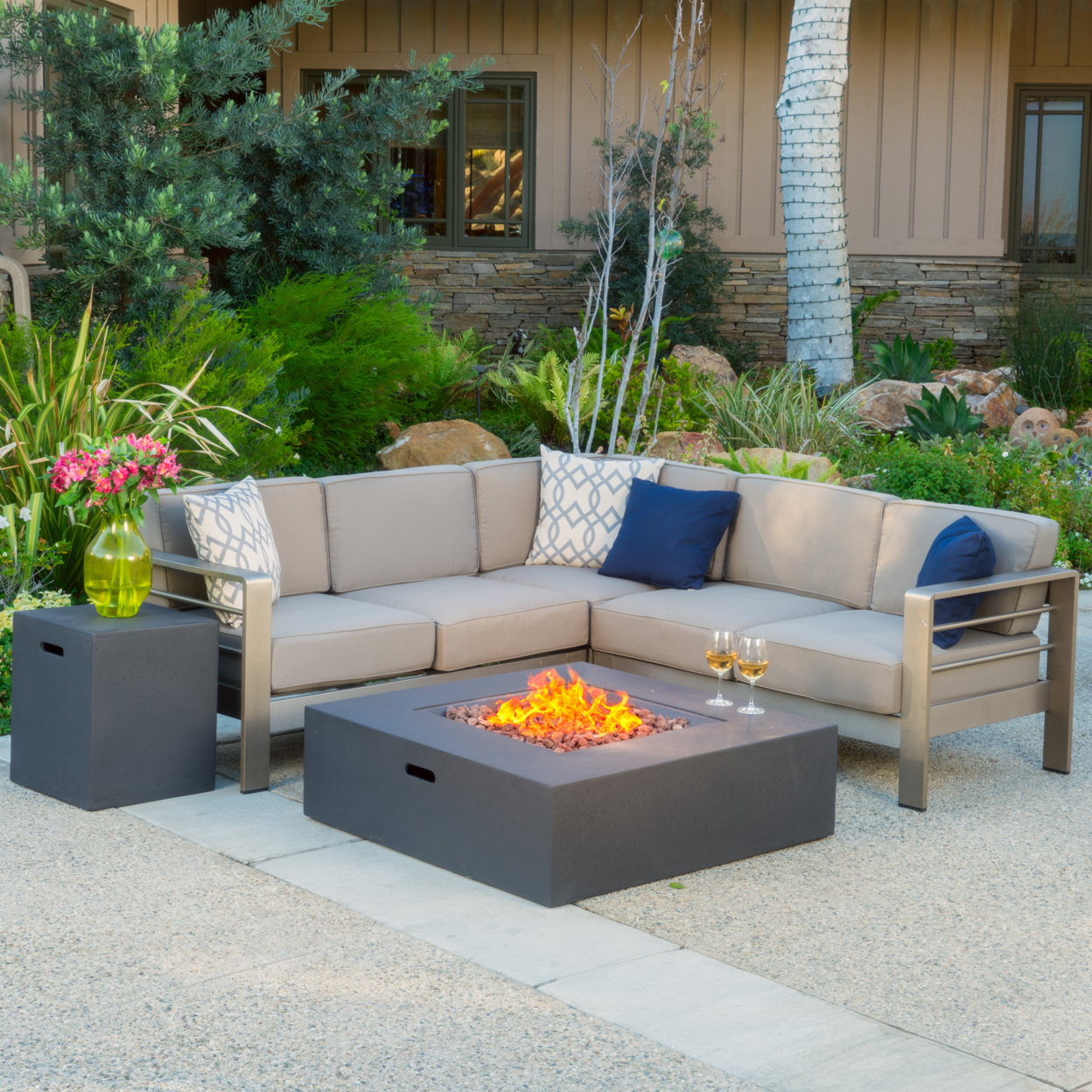 Crested-Bay V-shape Outdoor Fire Table Sofa Set - Light Grey