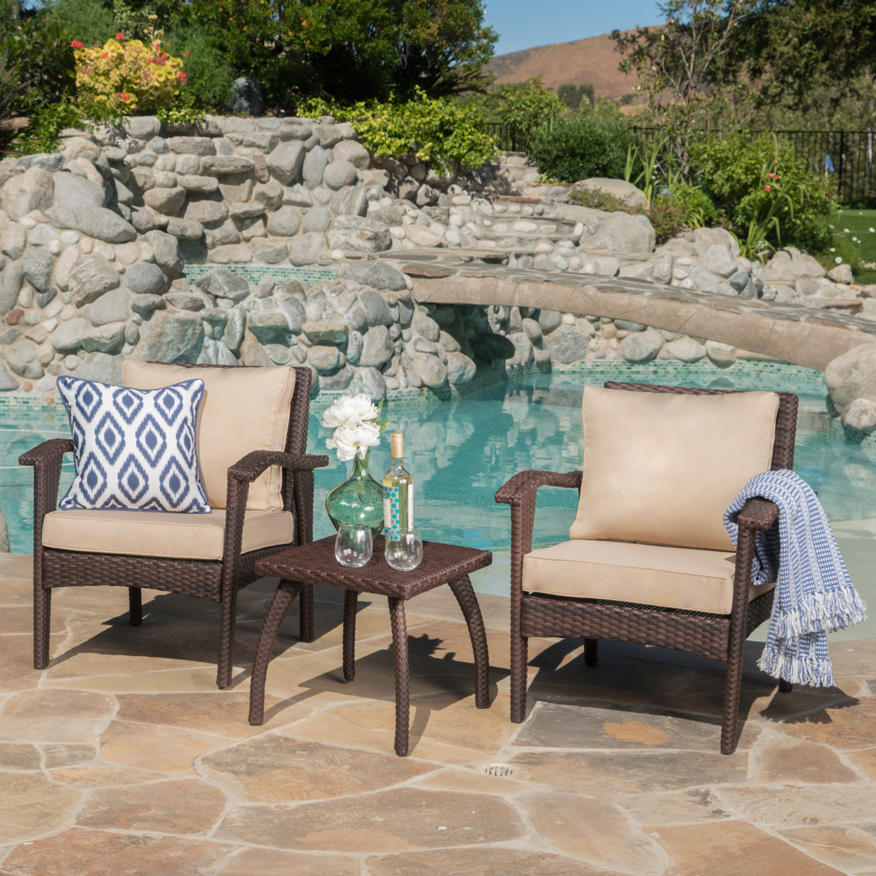 Maui Outdoor 3-piece Brown Wicker Chat Set With Cushions