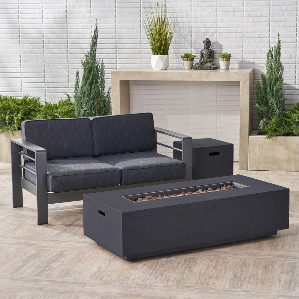Danae Coral Outdoor Loveseat And Fire Pit Set - Dark Grey