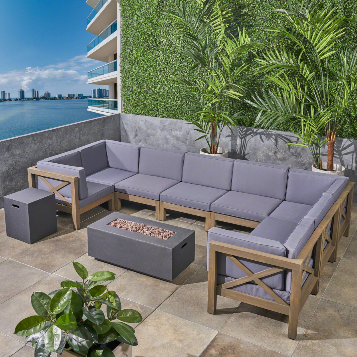 Cytheria Outdoor Acacia Wood 8 Seater U-Shaped Sectional Sofa Set With Fire Pit - Gray / Dark Gray