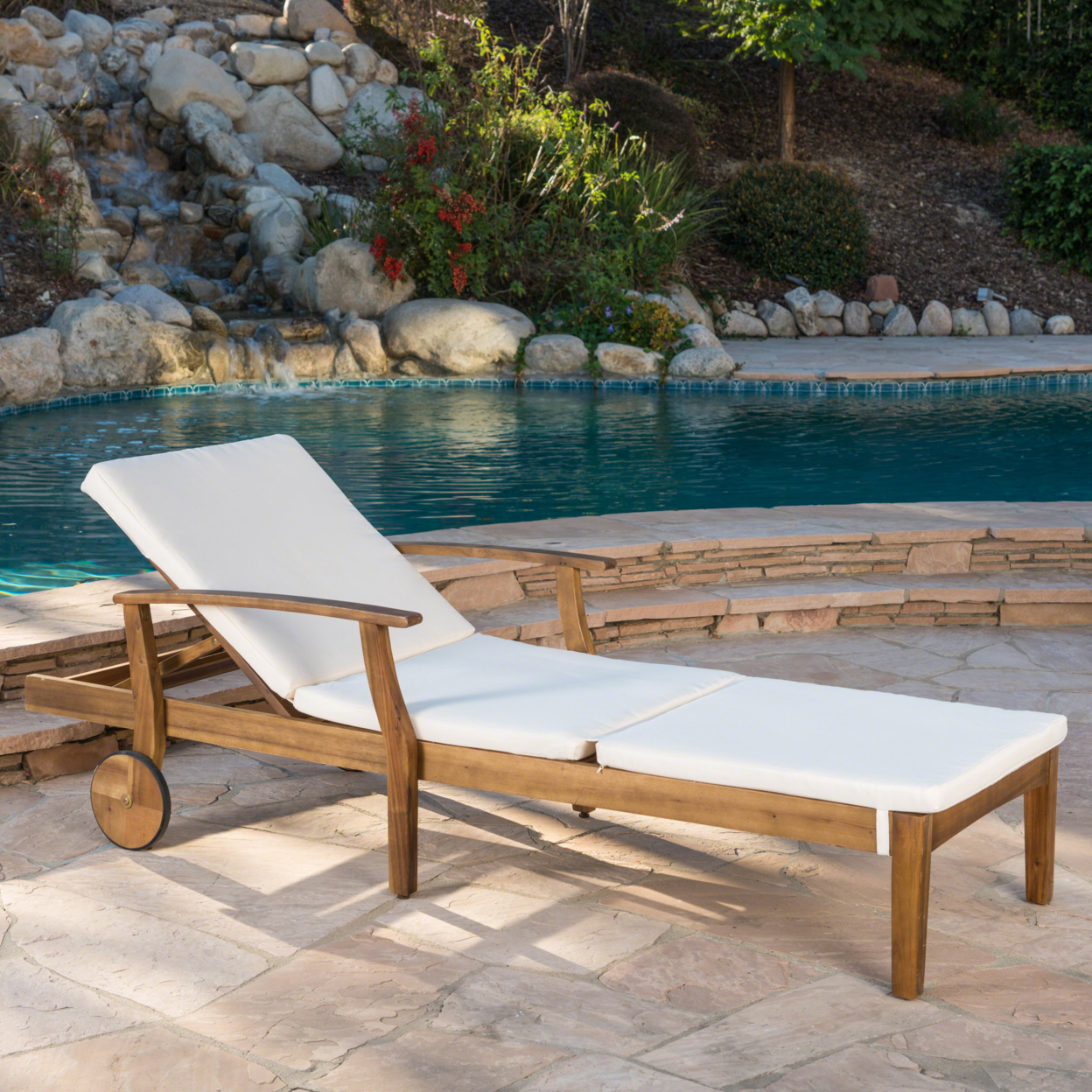 Daisy Outdoor Teak Finish Chaise Lounge With Water Resistant Cushion - Cream, Set Of 4