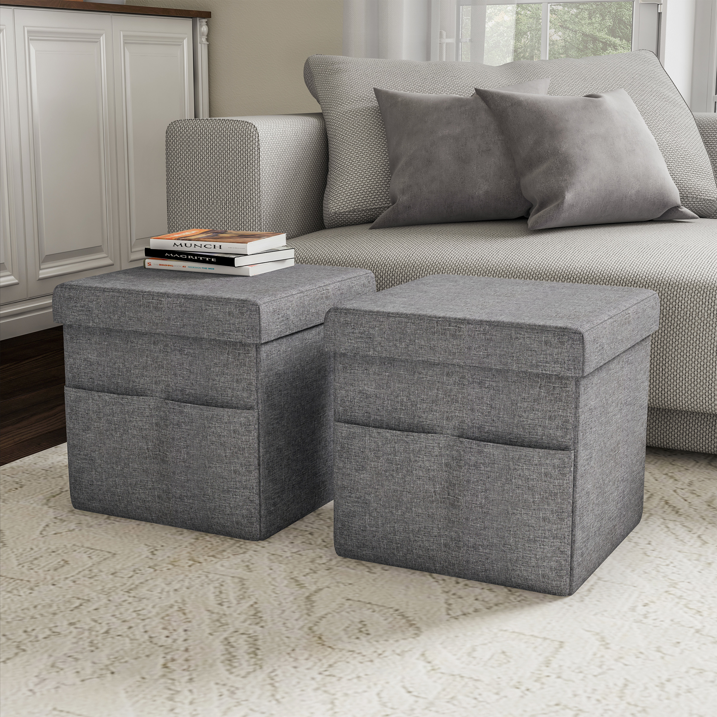 Set Of 2 Foot Stool Storage Ottoman Seats Folding With Lids 15 X 15 In With Pockets
