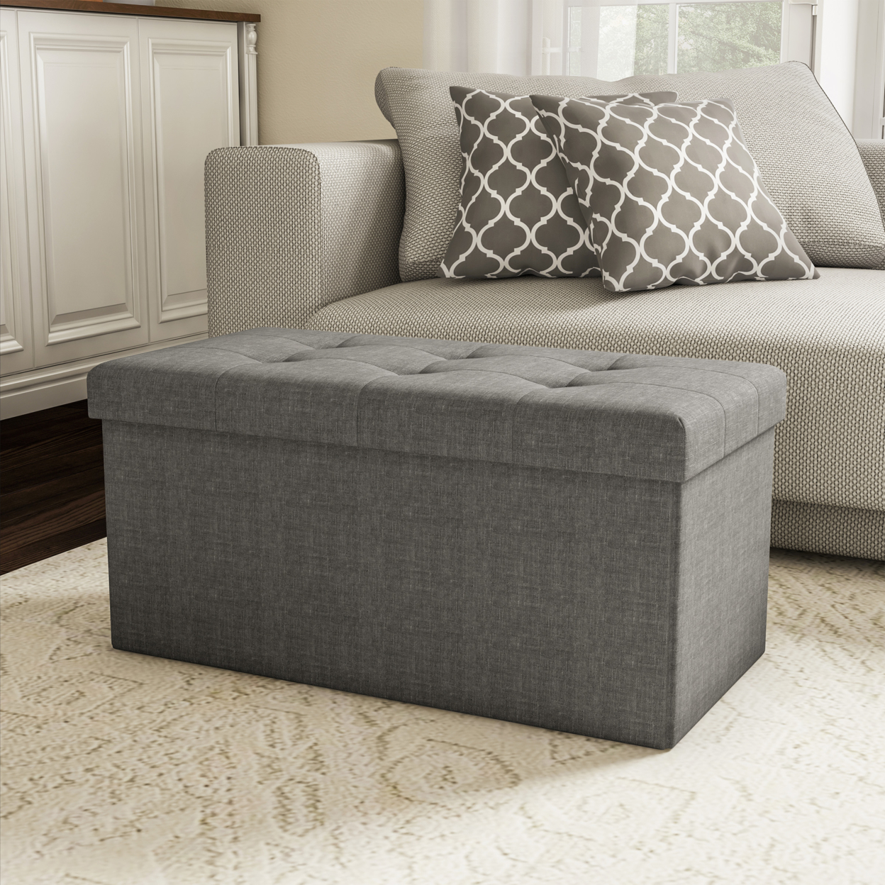 Large Folding Gray Foot Stool Storage Ottoman Bench And Lid 30 X 15 X 15 For Seat Or Feet