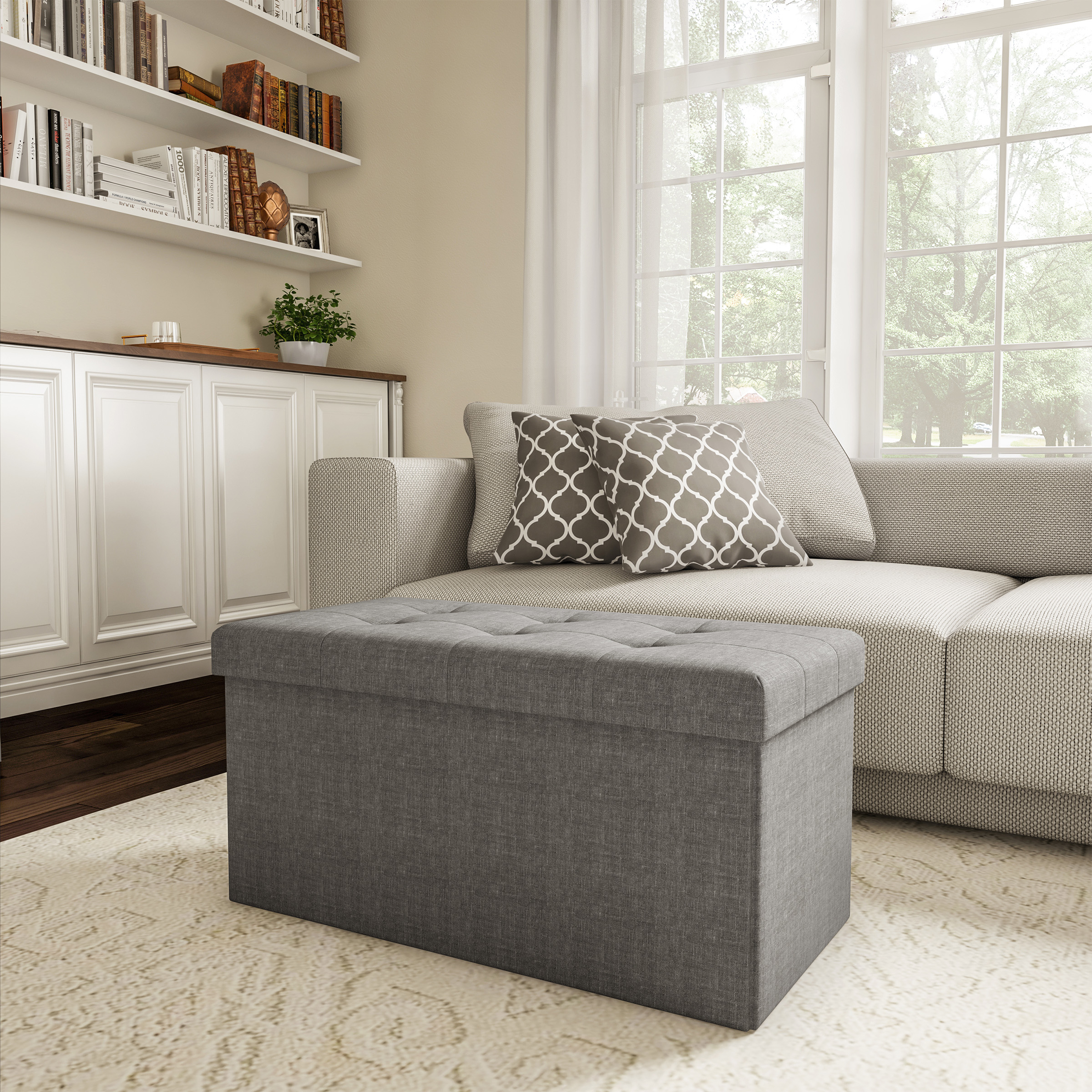 Large Folding Gray Foot Stool Storage Ottoman Bench And Lid 30 X 15 X 15 For Seat Or Feet