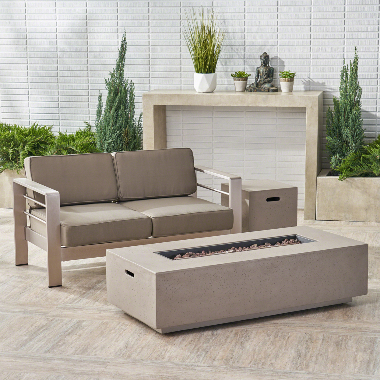 Danae Coral Outdoor Loveseat And Fire Pit Set - Khaki