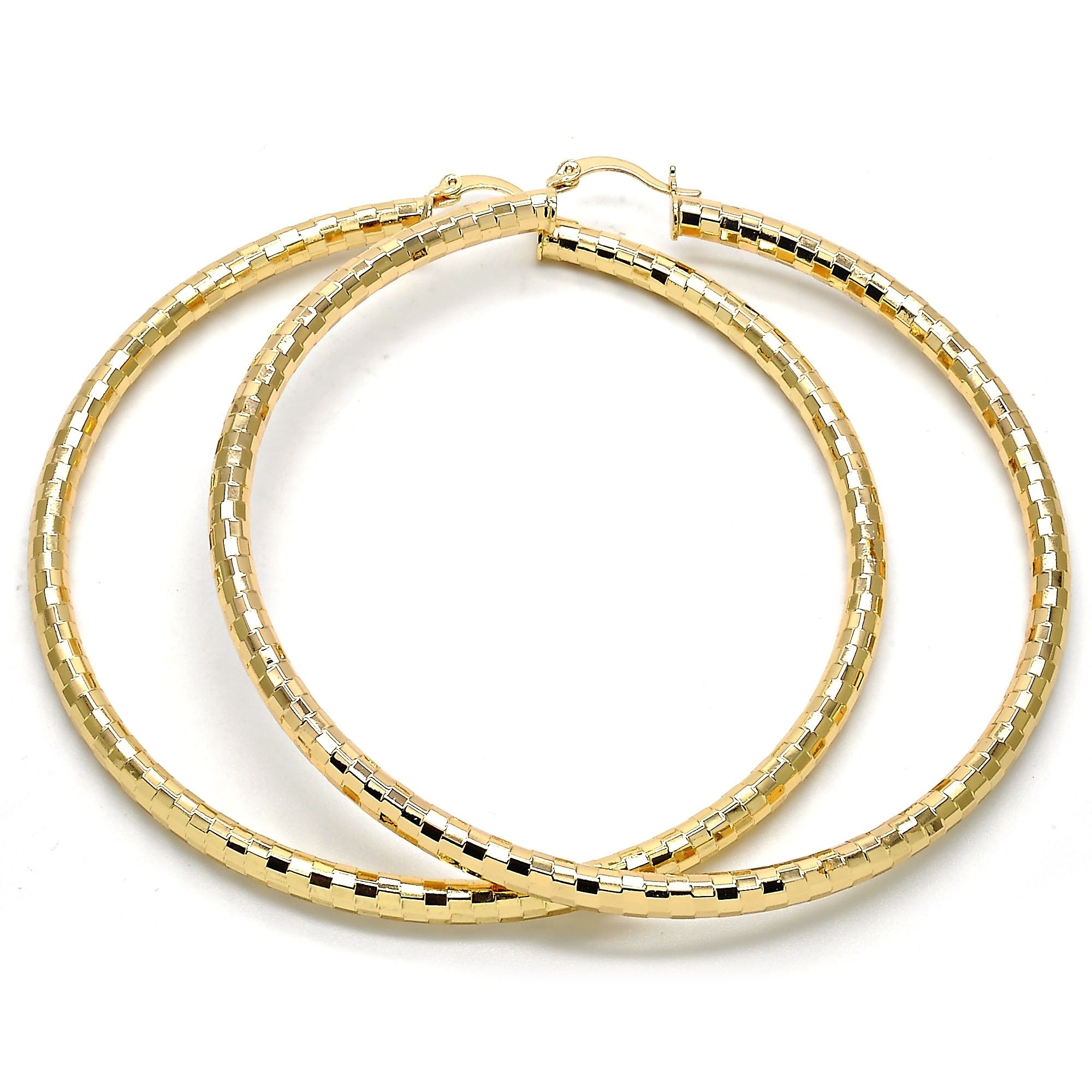 Gold Filled Extra Large Hoop, Hollow Design,Cut Diamond Style, Golden Tone 70mm