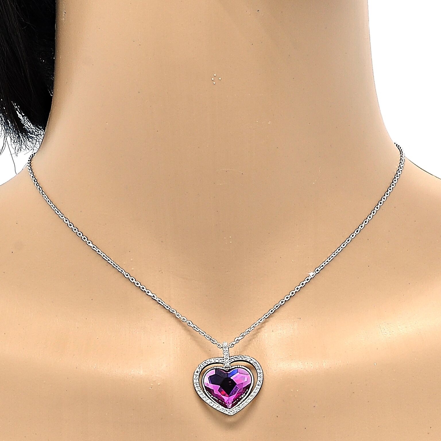 Rhodium Filled High Polish Finsh Fancy Necklace, Heart Design, With Crystals And Micro Pave, Rhodium Tone