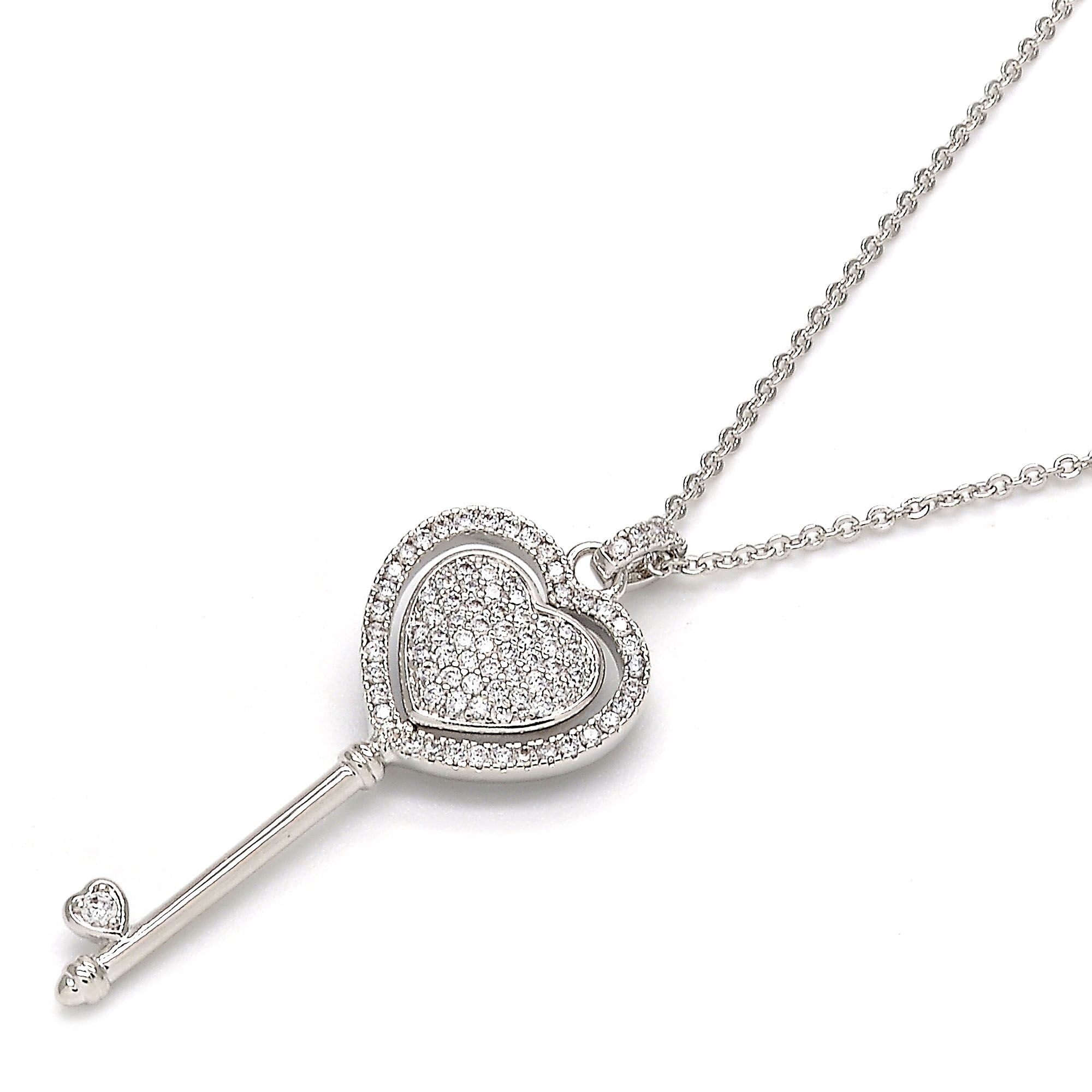 Sterling Silver Fancy Necklace, Key And Heart Design, With Crystals And Micro Pave, Rhodium Tone