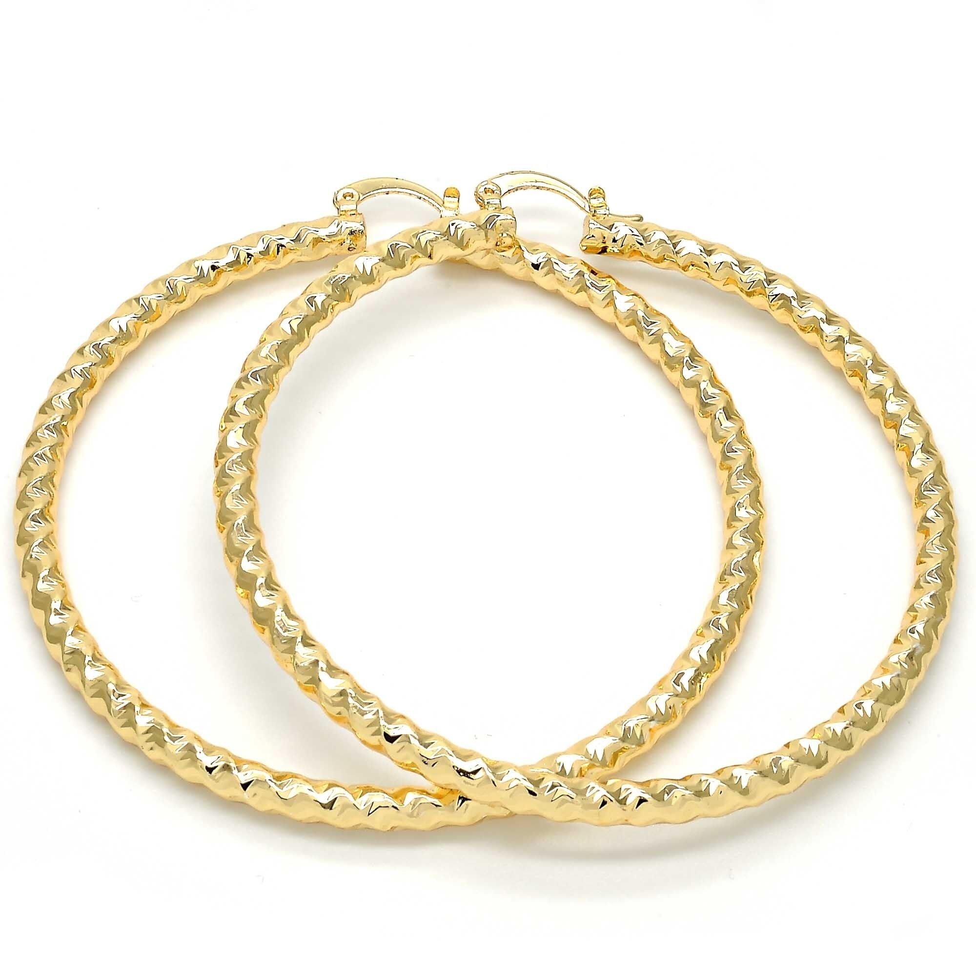 Gold Filled High Polish Finsh Extra Large Hoop, Twist And Hollow Design, Golden Tone 70MM