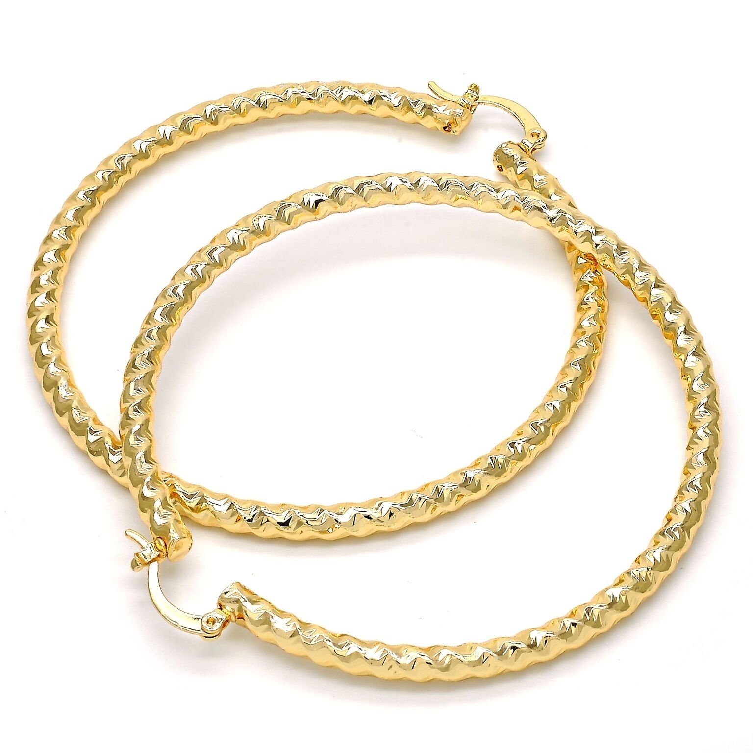 Gold Filled High Polish Finsh Extra Large Hoop, Twist And Hollow Design, Golden Tone 70MM