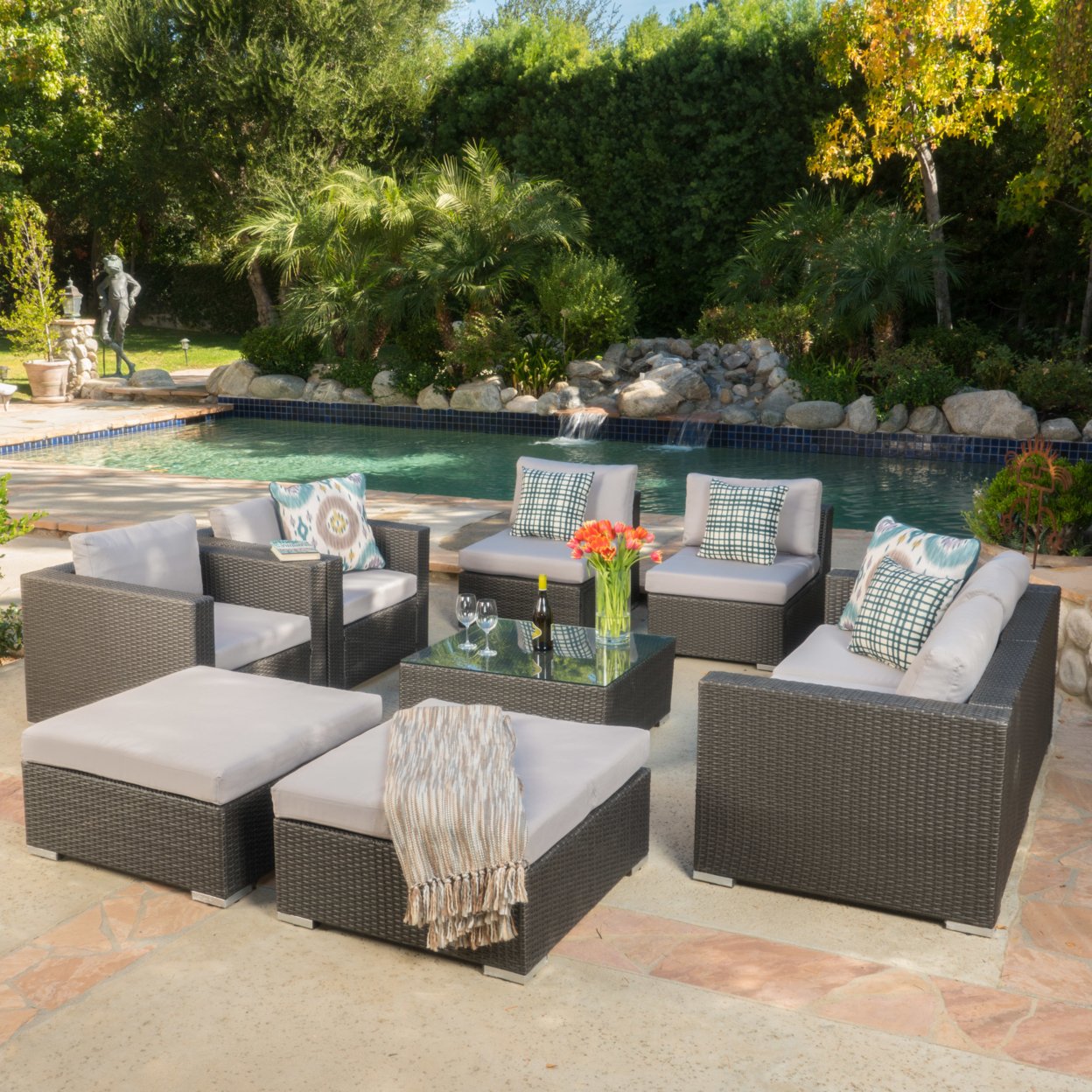 Francisco 9pc Outdoor Wicker Sectional Sofa Set With Cushions - Gray