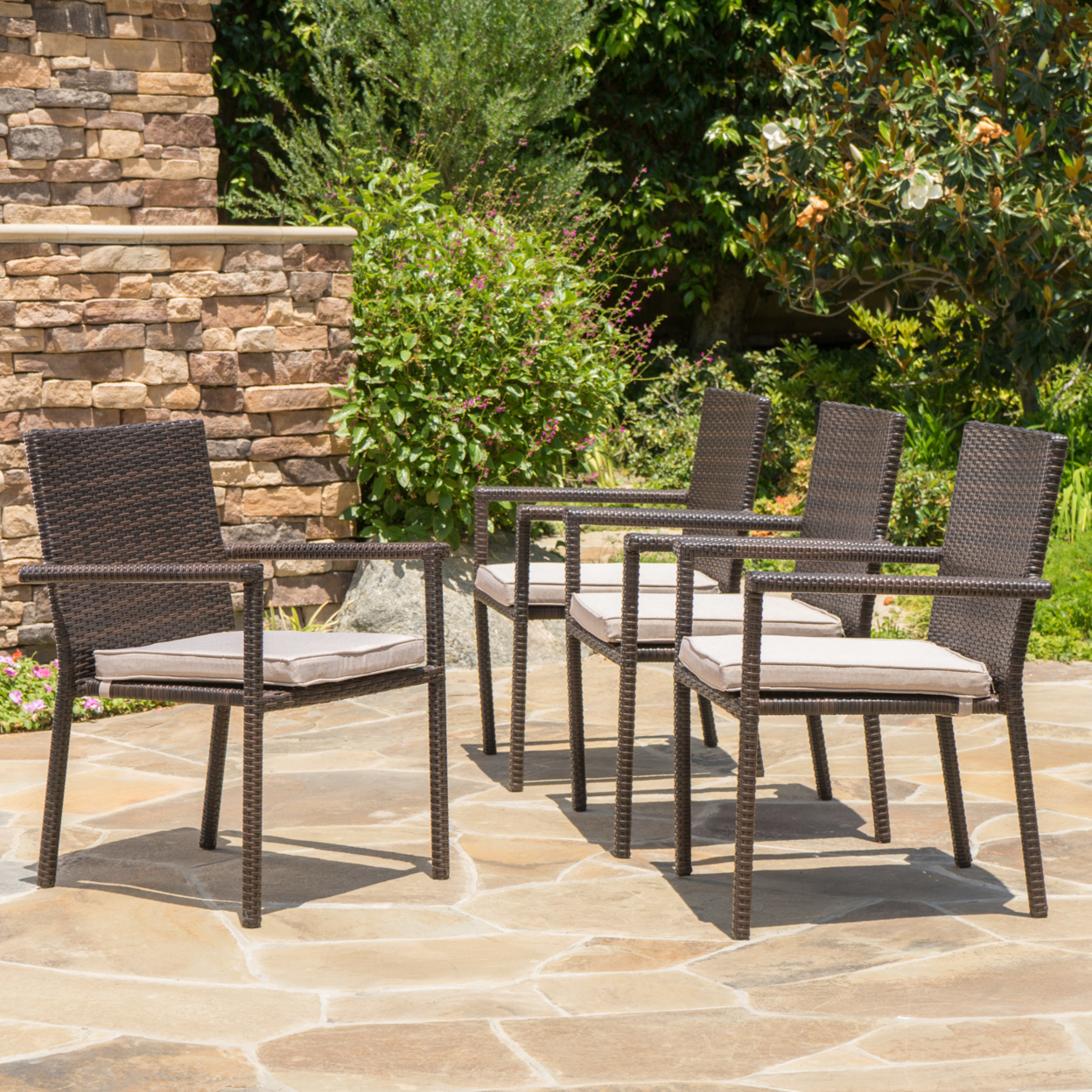 San Tropez Outdoor Dining Chairs With Water Resistant Cushions (Set Of 4) - Multi-brown/Textured Beige