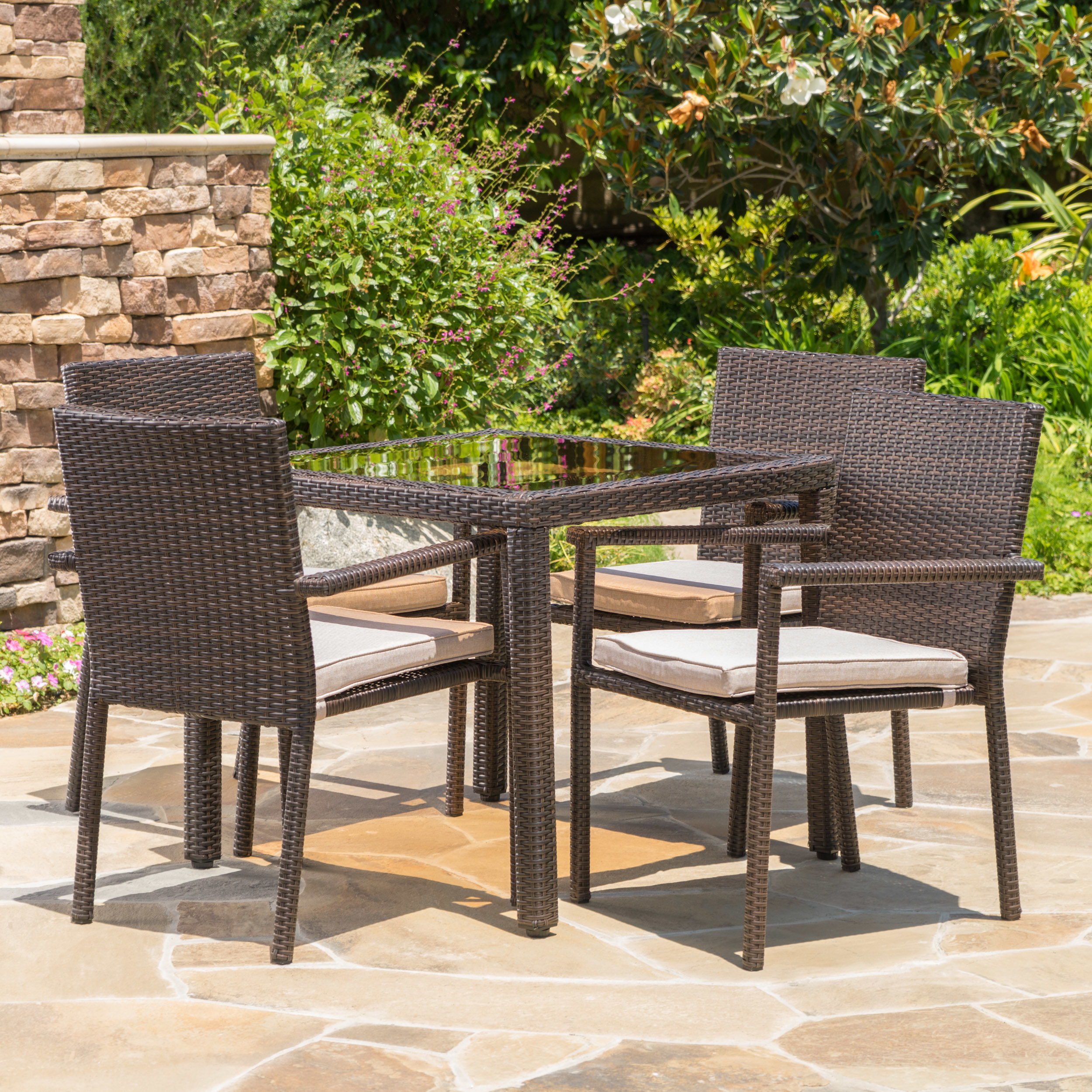 San Tropez Outdoor 5 Piece Dining Set With Water Resistant Cushions - Multi-brown/Textured Beige