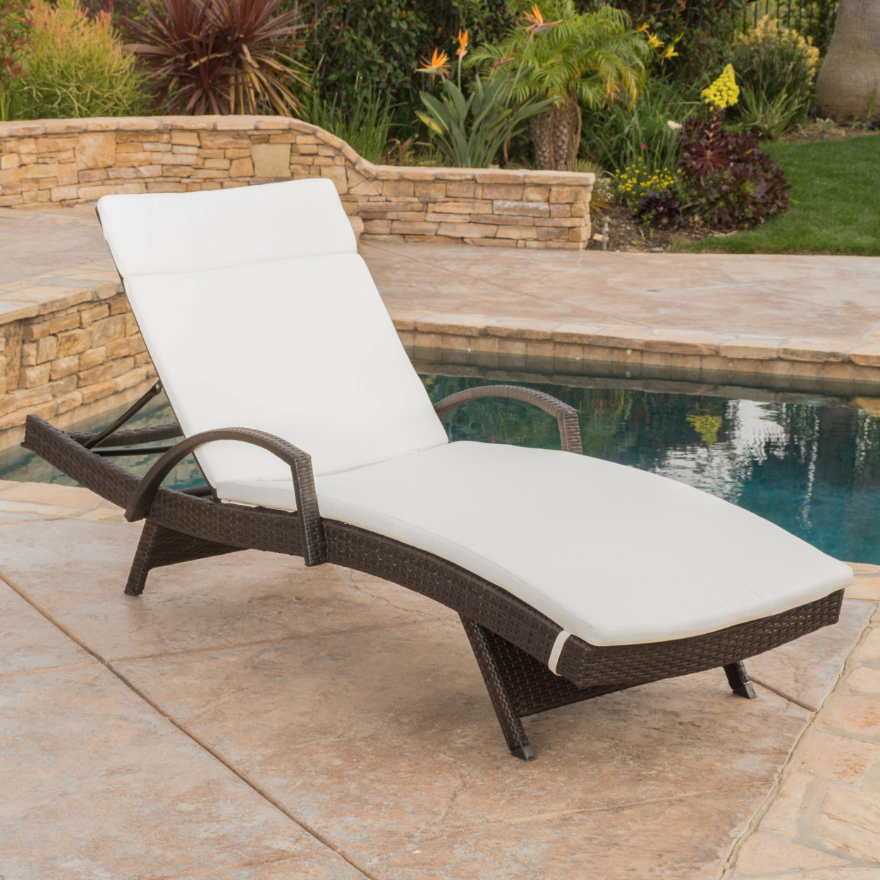 Lakeport Outdoor Adjustable Armed Chaise Lounge Chair With Cushion - Textured Beige Cushion