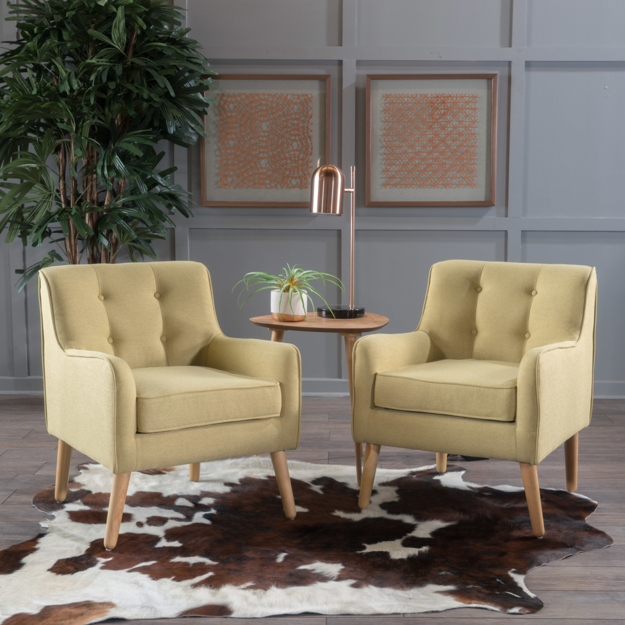 Fontinella Mid Century Tufted Back Fabric Arm Chair - Wasabi, Set Of 2