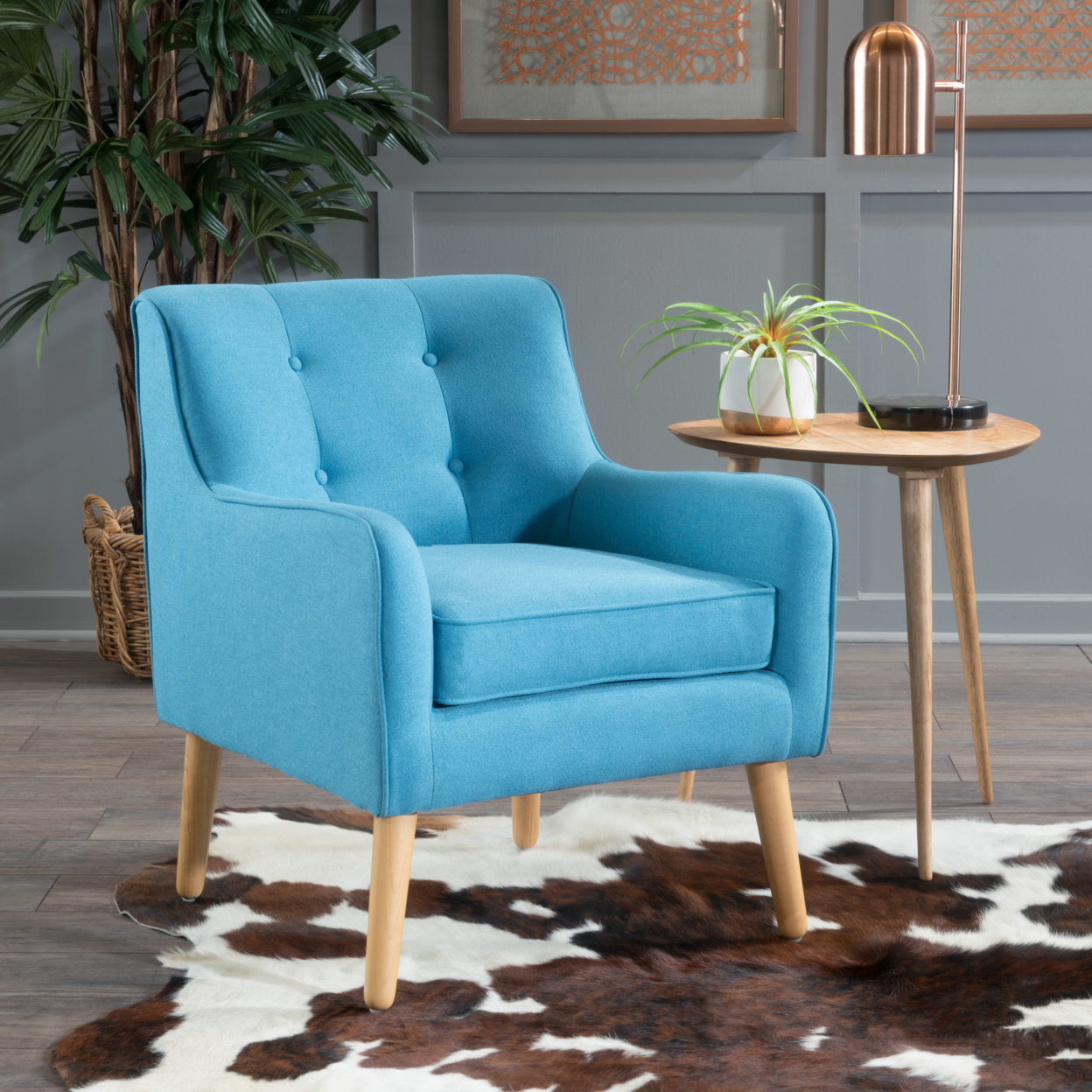 Fontinella Mid Century Tufted Back Fabric Arm Chair - Teal, Set Of 1