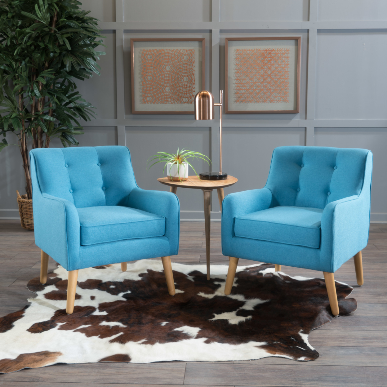 Fontinella Mid Century Tufted Back Fabric Arm Chair - Teal, Set Of 2