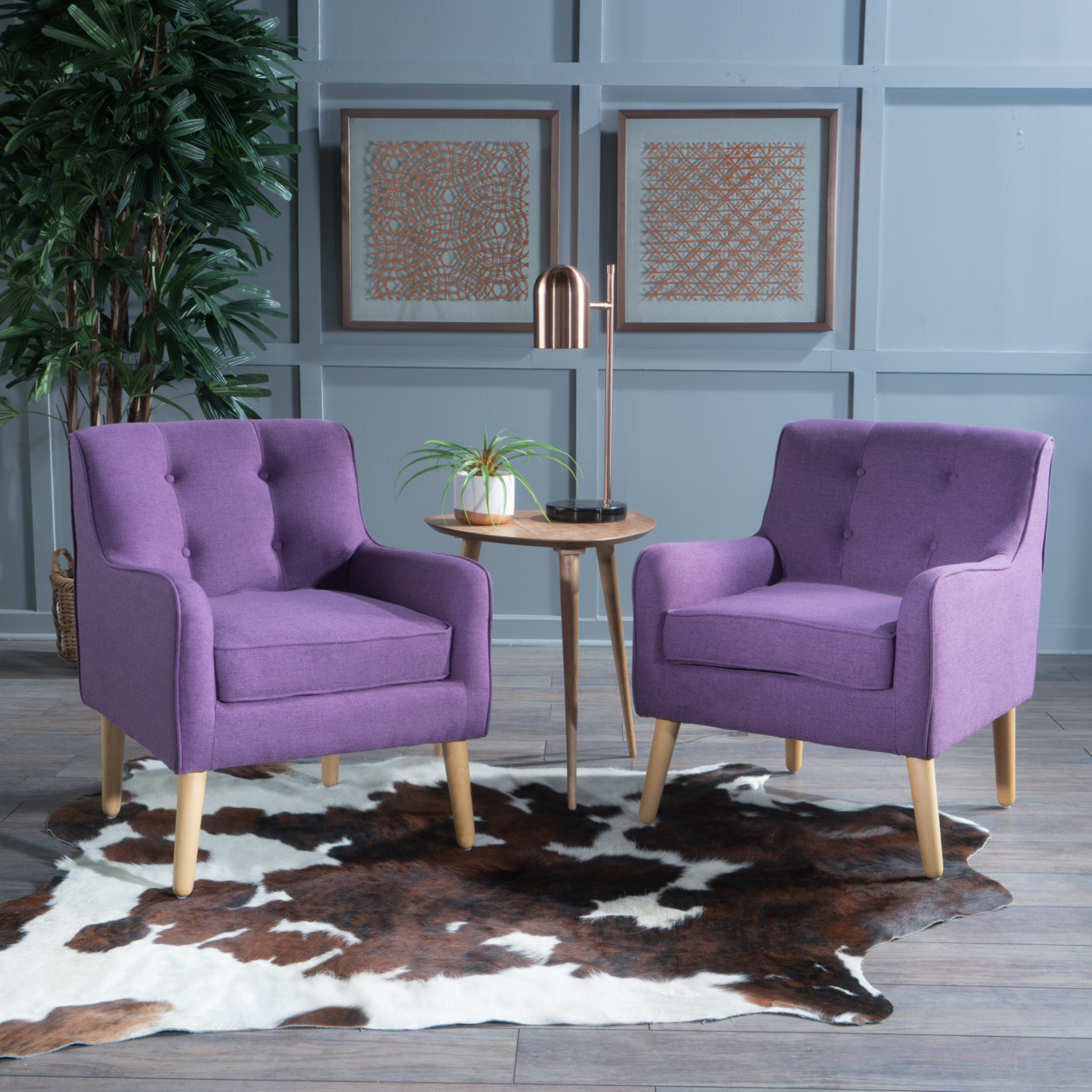 Fontinella Mid Century Tufted Back Fabric Arm Chair - Purple, Set Of 2