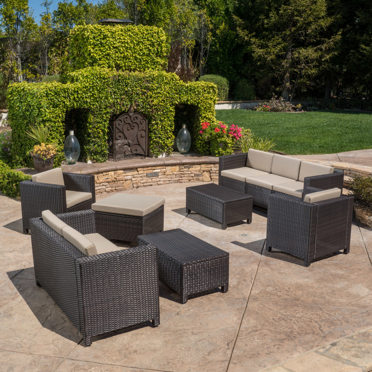 Budva 9pc Outdoor Wicker Sectional Sofa Set With Cushions - Dark Brown Wicker