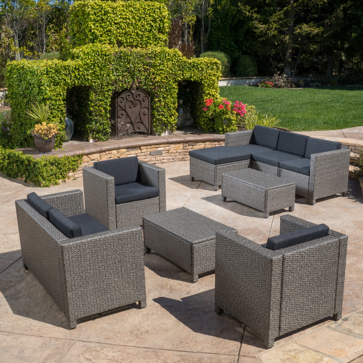 Budva 9pc Outdoor Wicker Sectional Sofa Set With Cushions - Dark Brown Wicker