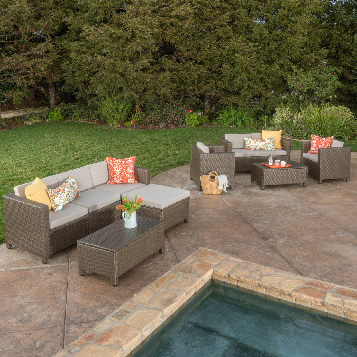Budva 9pc Outdoor Wicker Sectional Sofa Set With Cushions - Light Brown Wicker