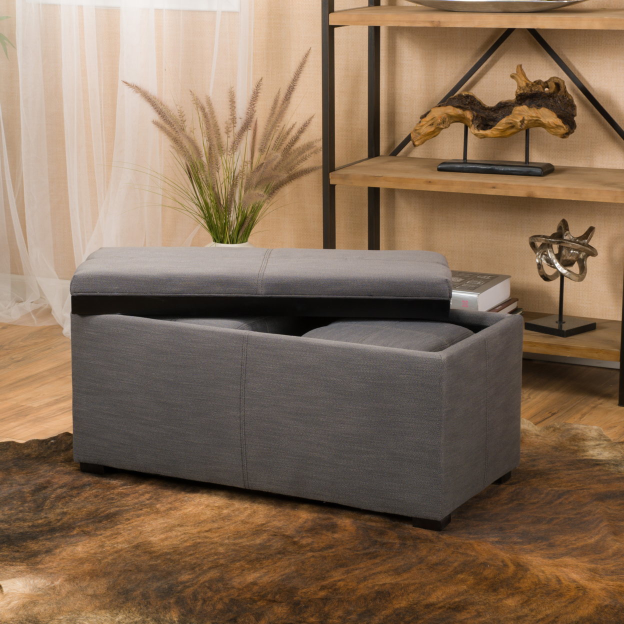 August 3pc Nested Tray Top Leather Storage Ottoman & Poufs - Gray, Fabric