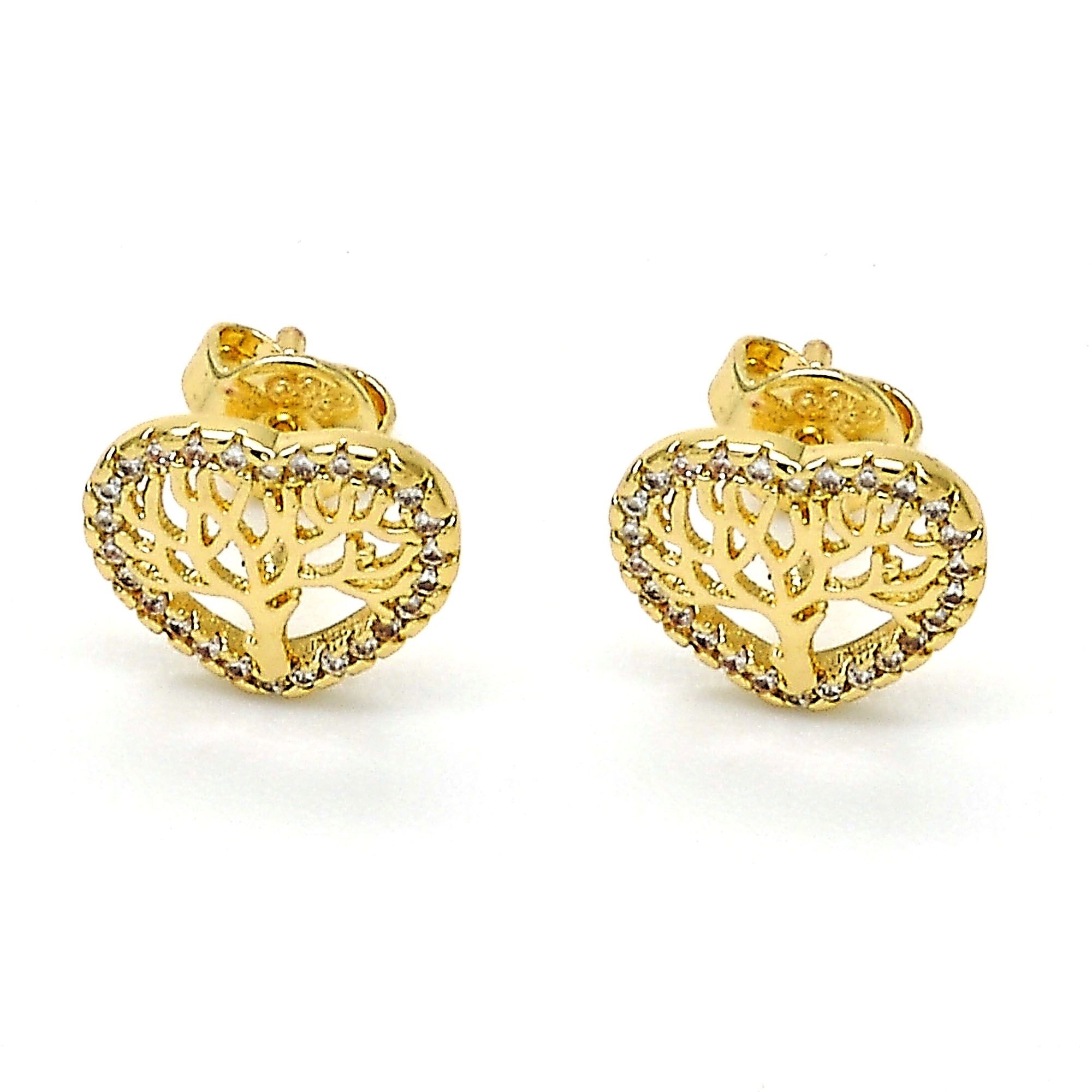 Gold Filled High Polish Finsh Made With Crystal Tree Of Life Heart Shape Stud Earrings