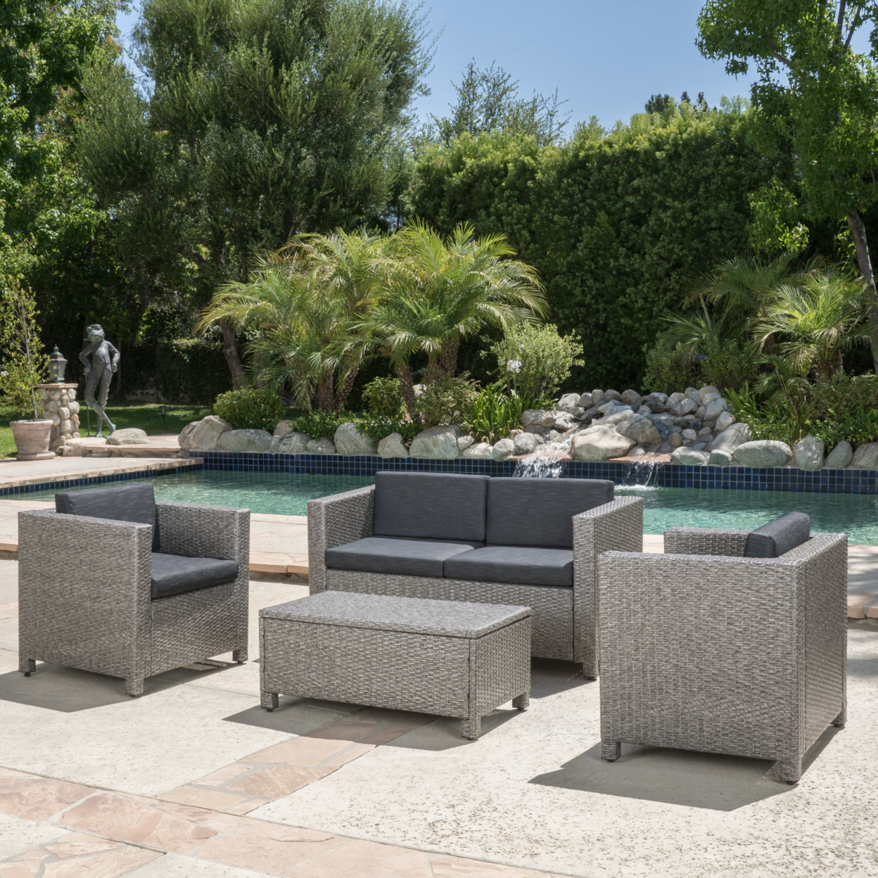 Pueblo 4 Piece Wicker Chat Set With Water Resistant Cushions & Cover - Mixed Black/Dark Gray