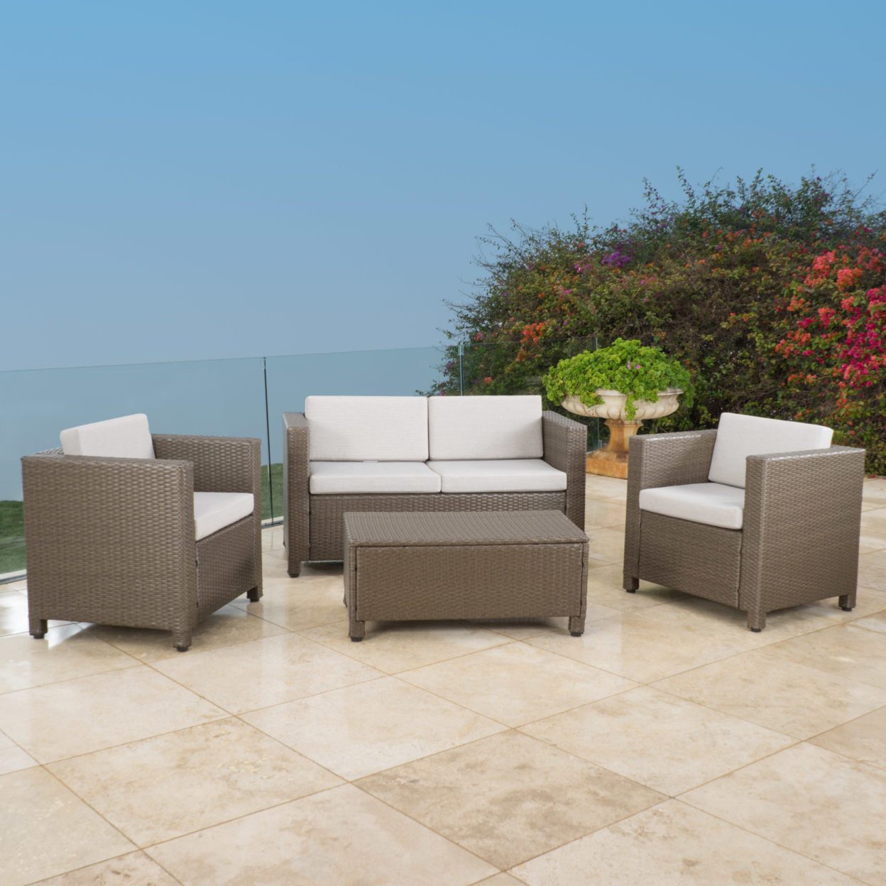 Pueblo 4 Piece Wicker Chat Set With Water Resistant Cushions & Cover - Brown/Ceramic Gray