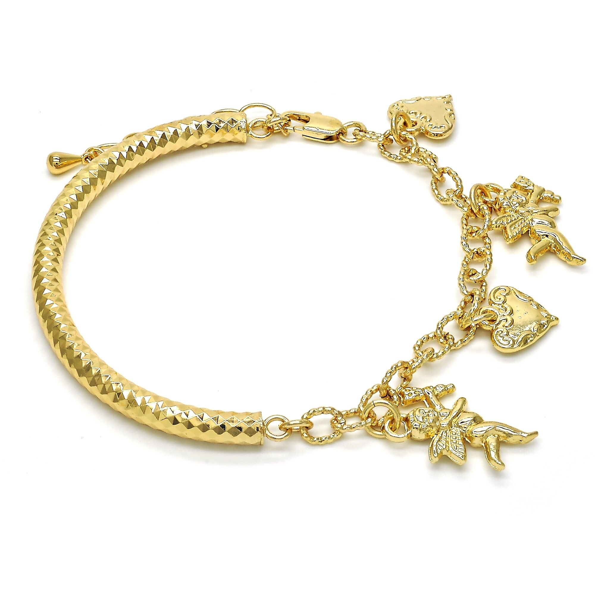 Gold Filled Charm Bracelet, Angel And Heart Design, Golden Tone