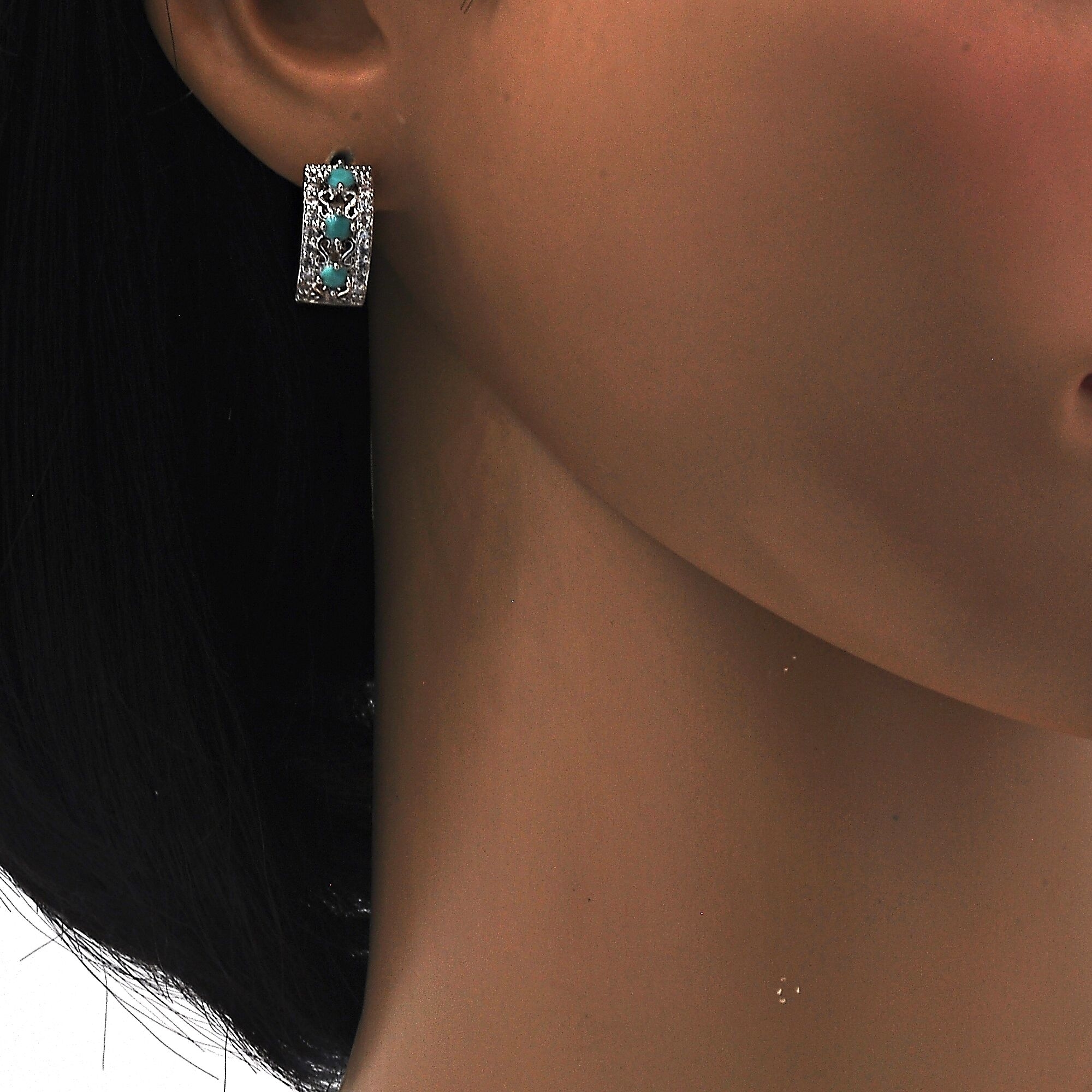 RHODIUM Filled High Polish Finsh LAB CREATED Turquoise EARRINGS