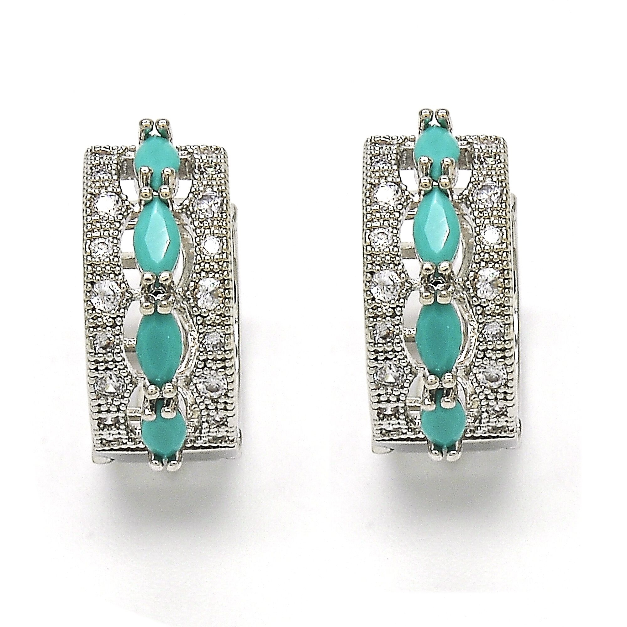 RHODIUM Filled High Polish Finsh LAB CREATED TURQUOISE OVAL EARRINGS