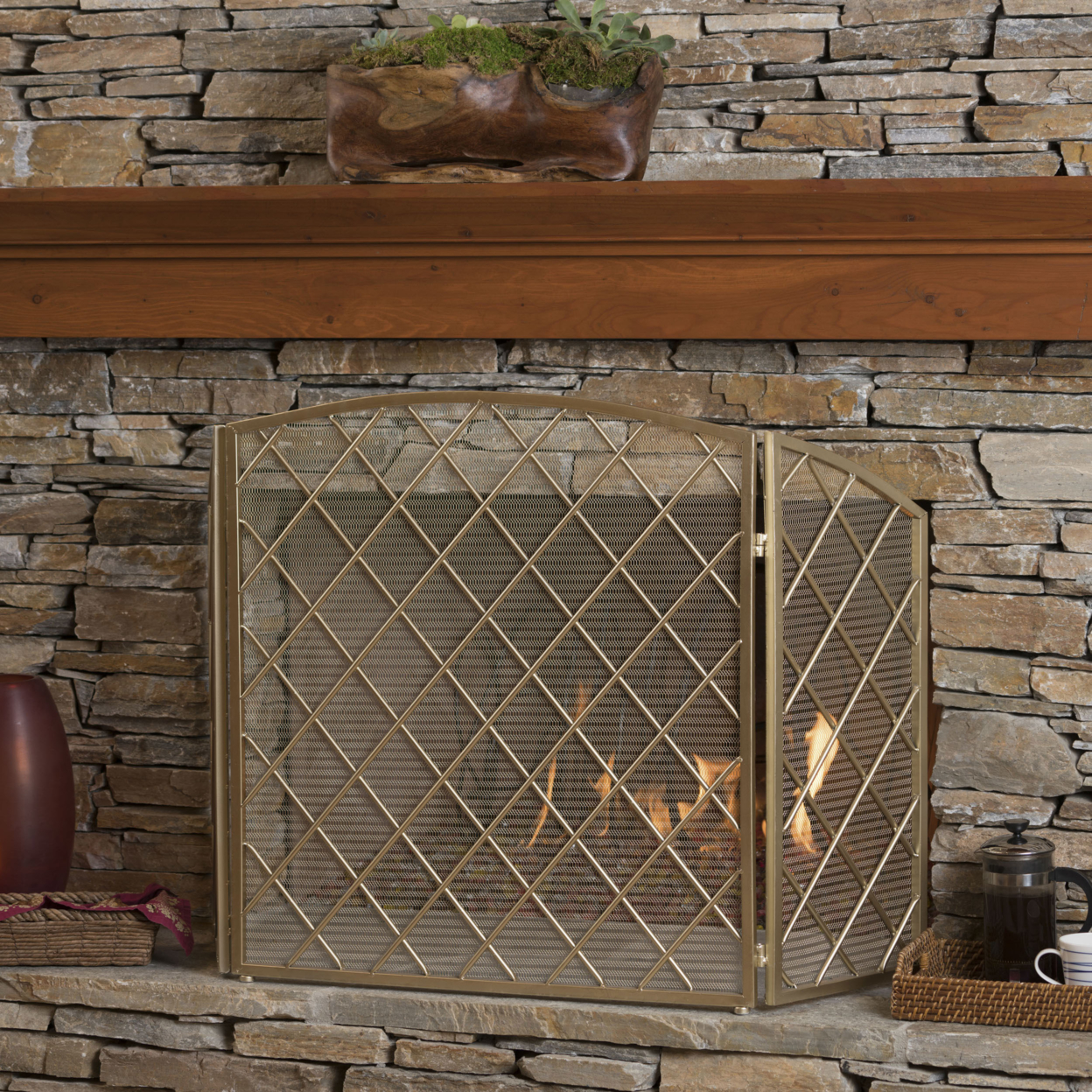 Angella 3 Panelled Iron Fireplace Screen - Gold