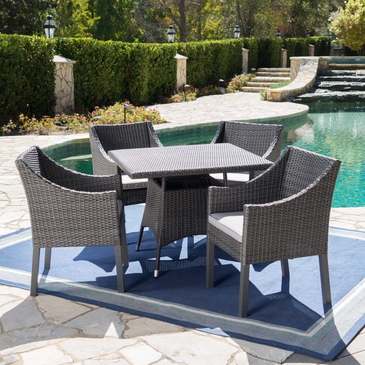 Frances Outdoor 5 Piece Wicker Round Dining Set With Water Resistant Cushions - Multi-brown/Beige