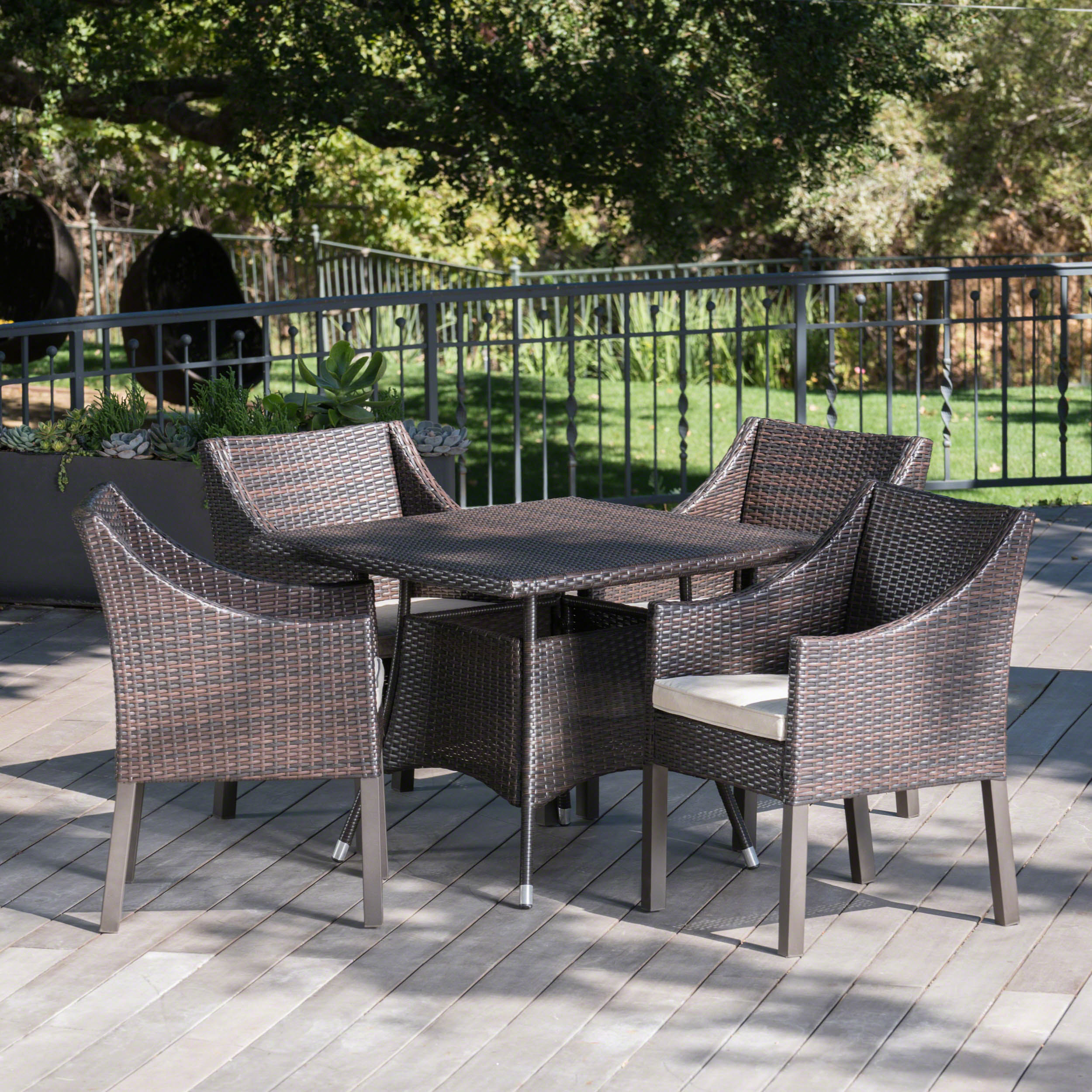 Frances Outdoor 5 Piece Wicker Round Dining Set With Water Resistant Cushions - Gray/Silver